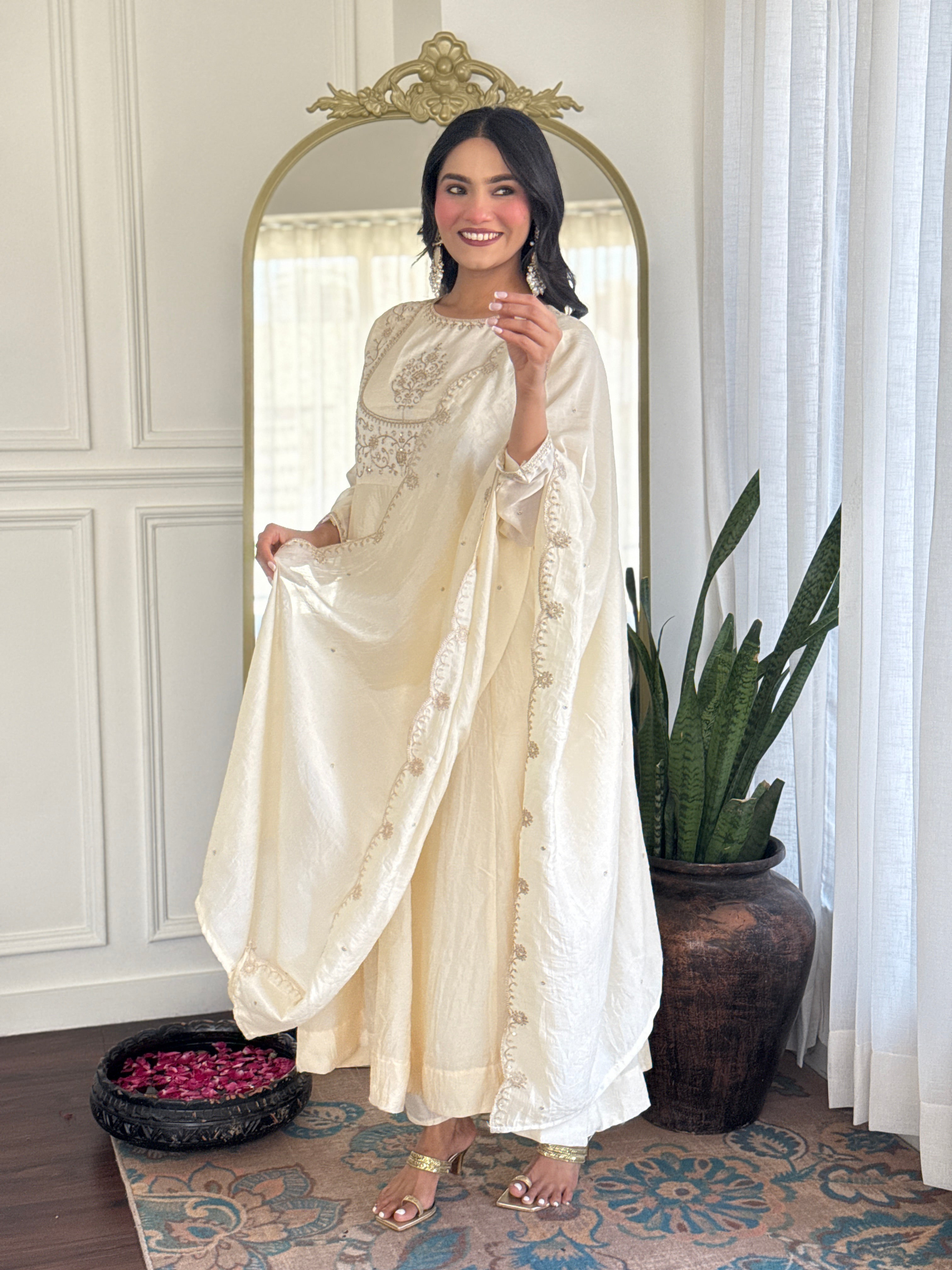 Classic Off-White Embroidered Festive Kurta