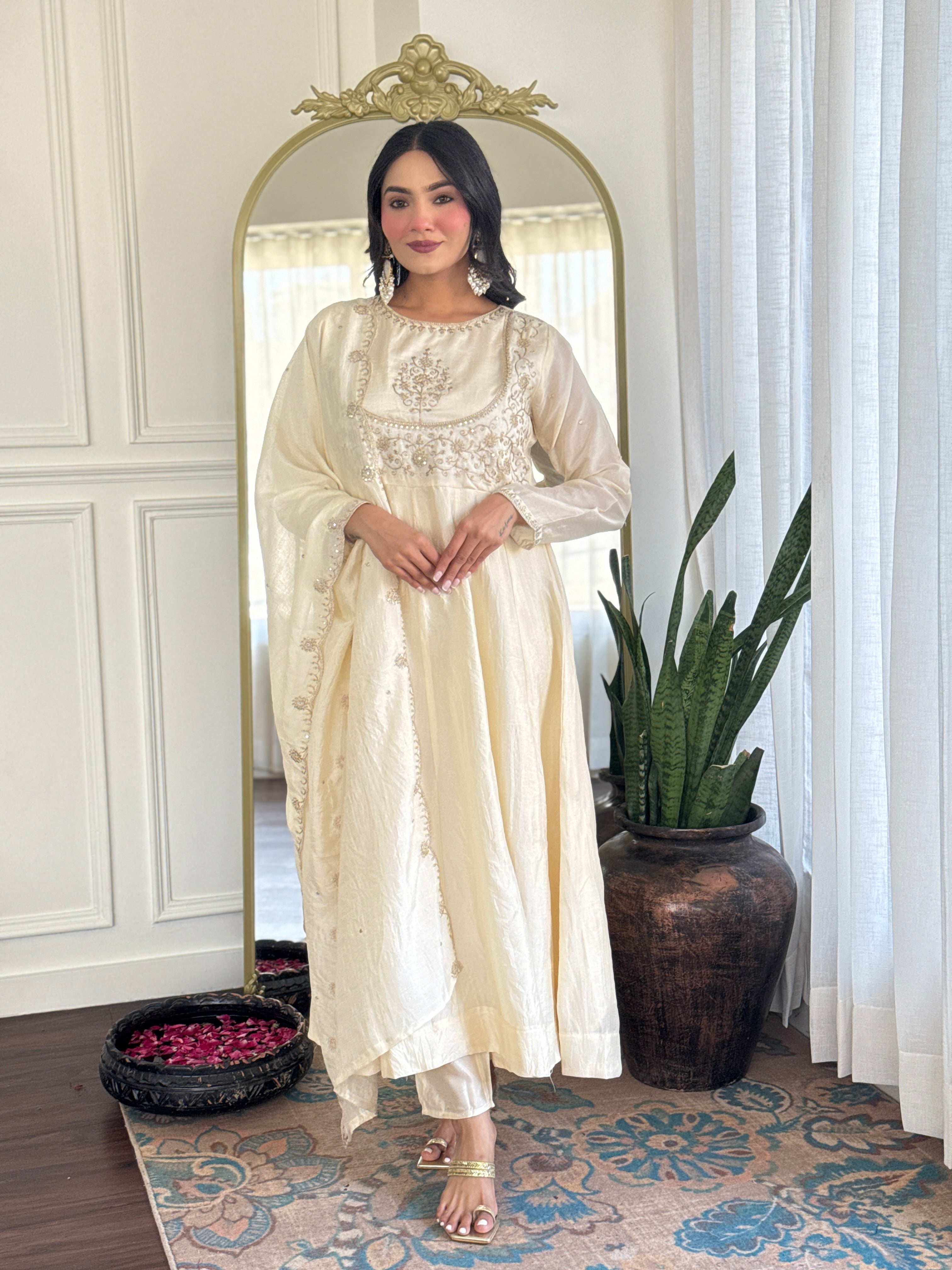 Classic Off-White Embroidered Festive Kurta
