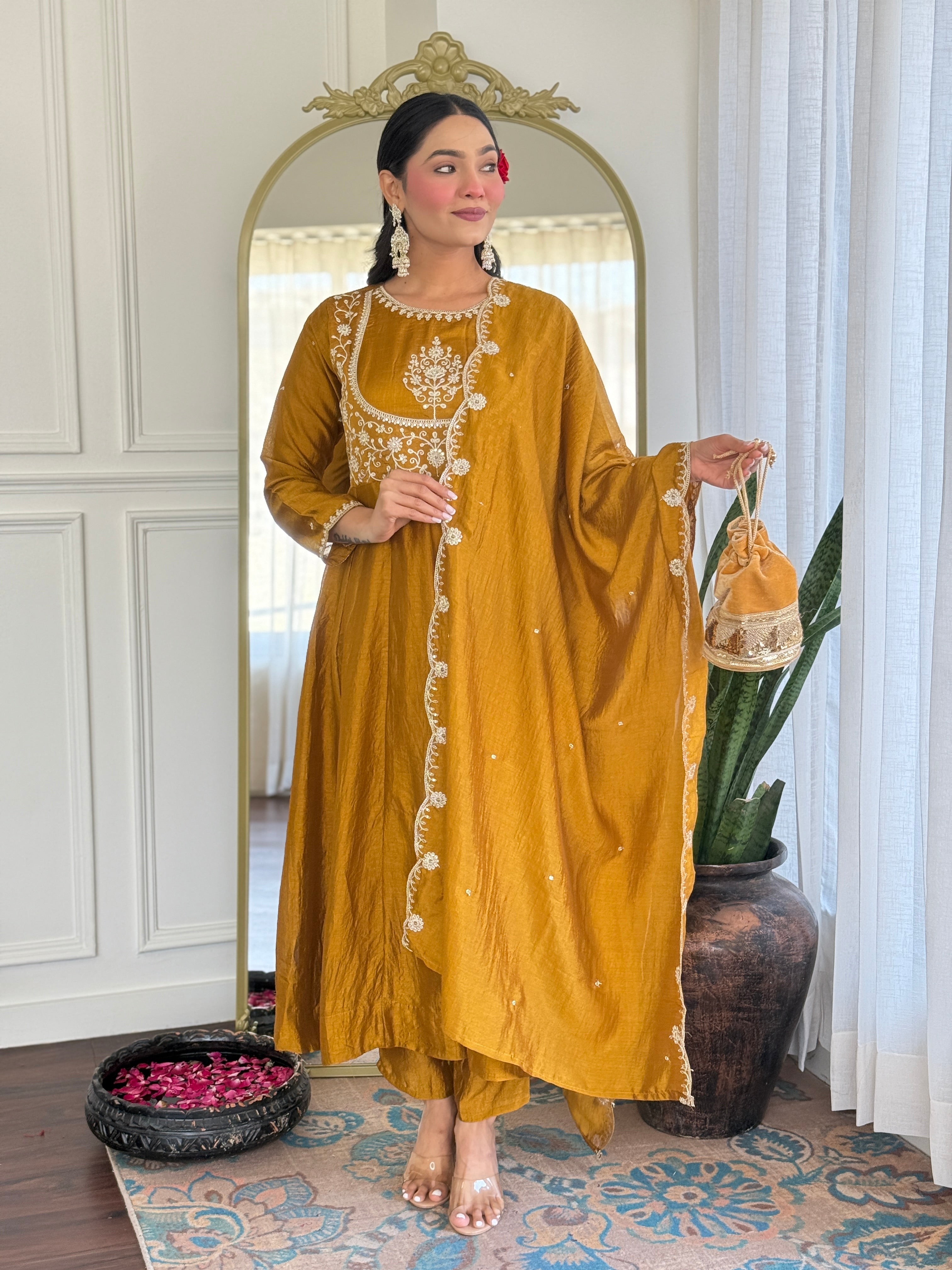 Festive Mustard Anarkali Set with Mirror & Thread Work