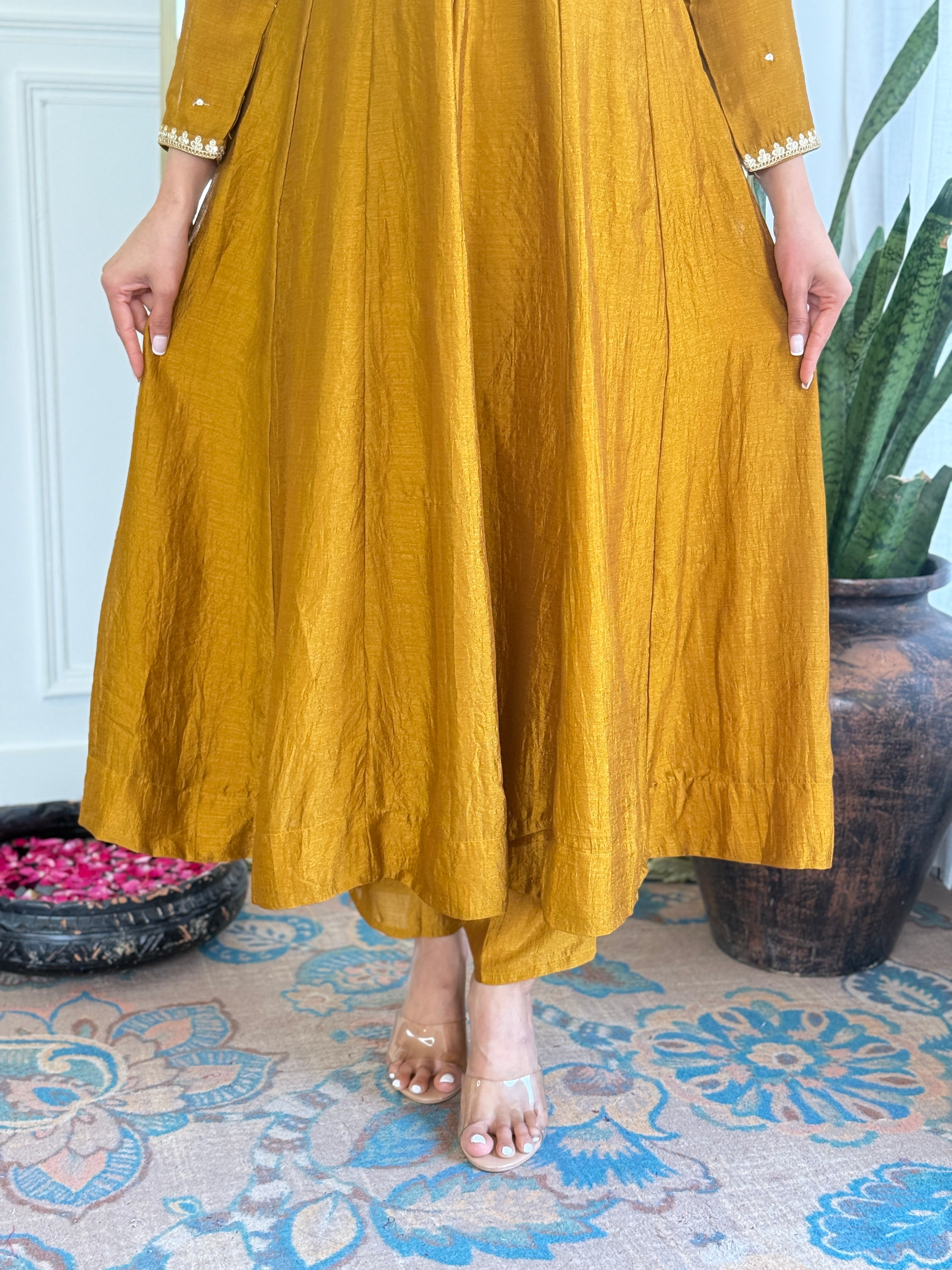 Festive Mustard Anarkali Set with Mirror & Thread Work