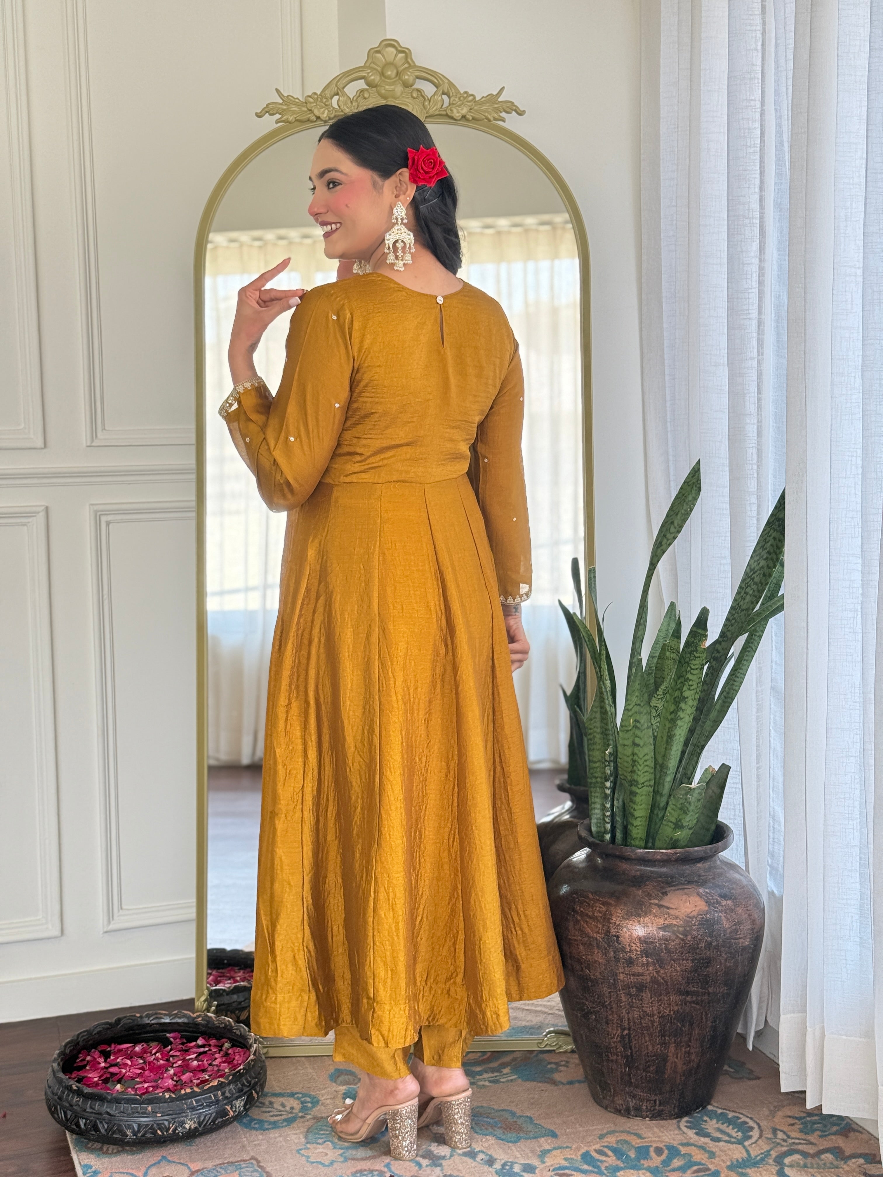 Festive Mustard Anarkali Set with Mirror & Thread Work