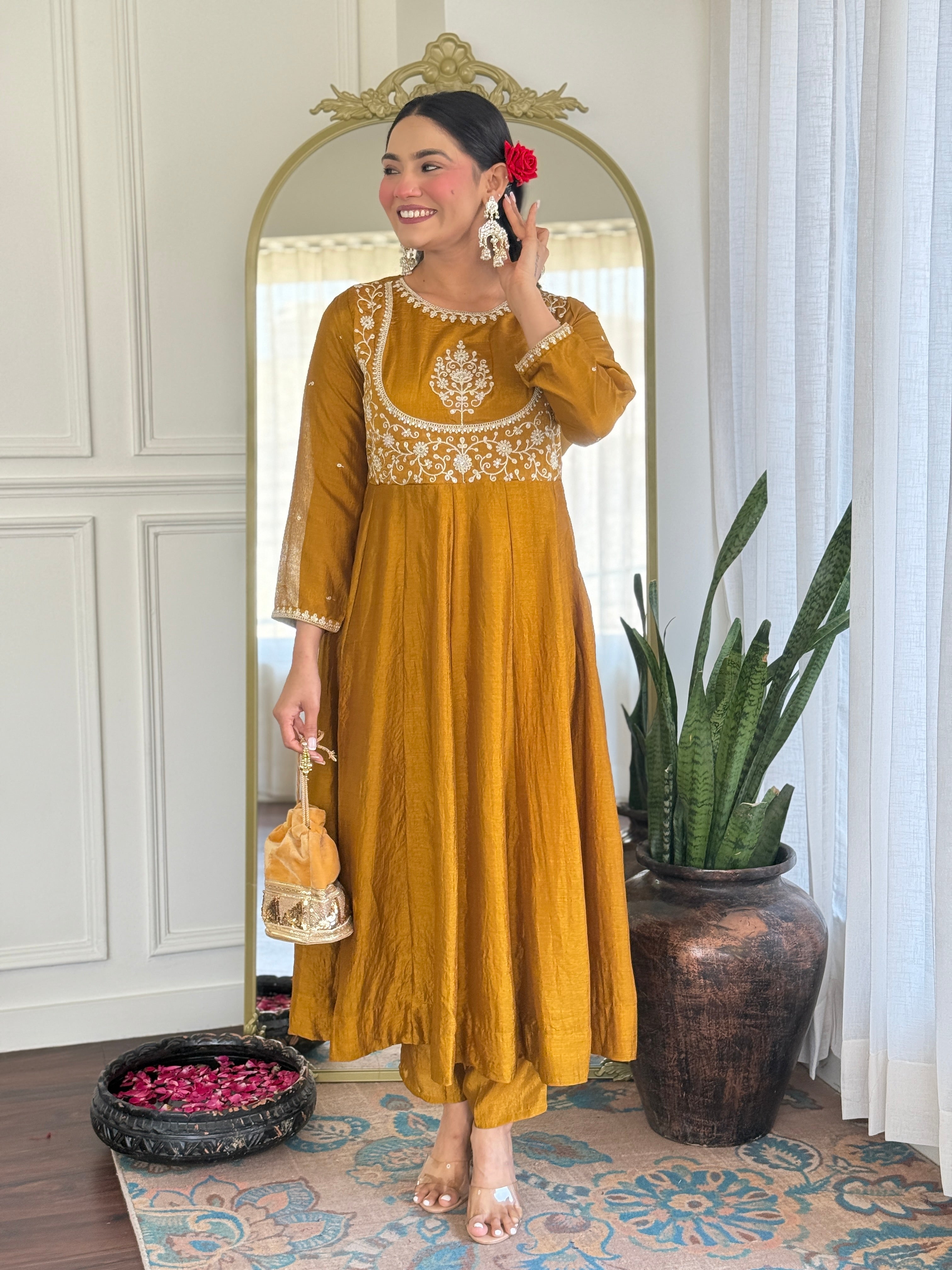 Festive Mustard Anarkali Set with Mirror & Thread Work