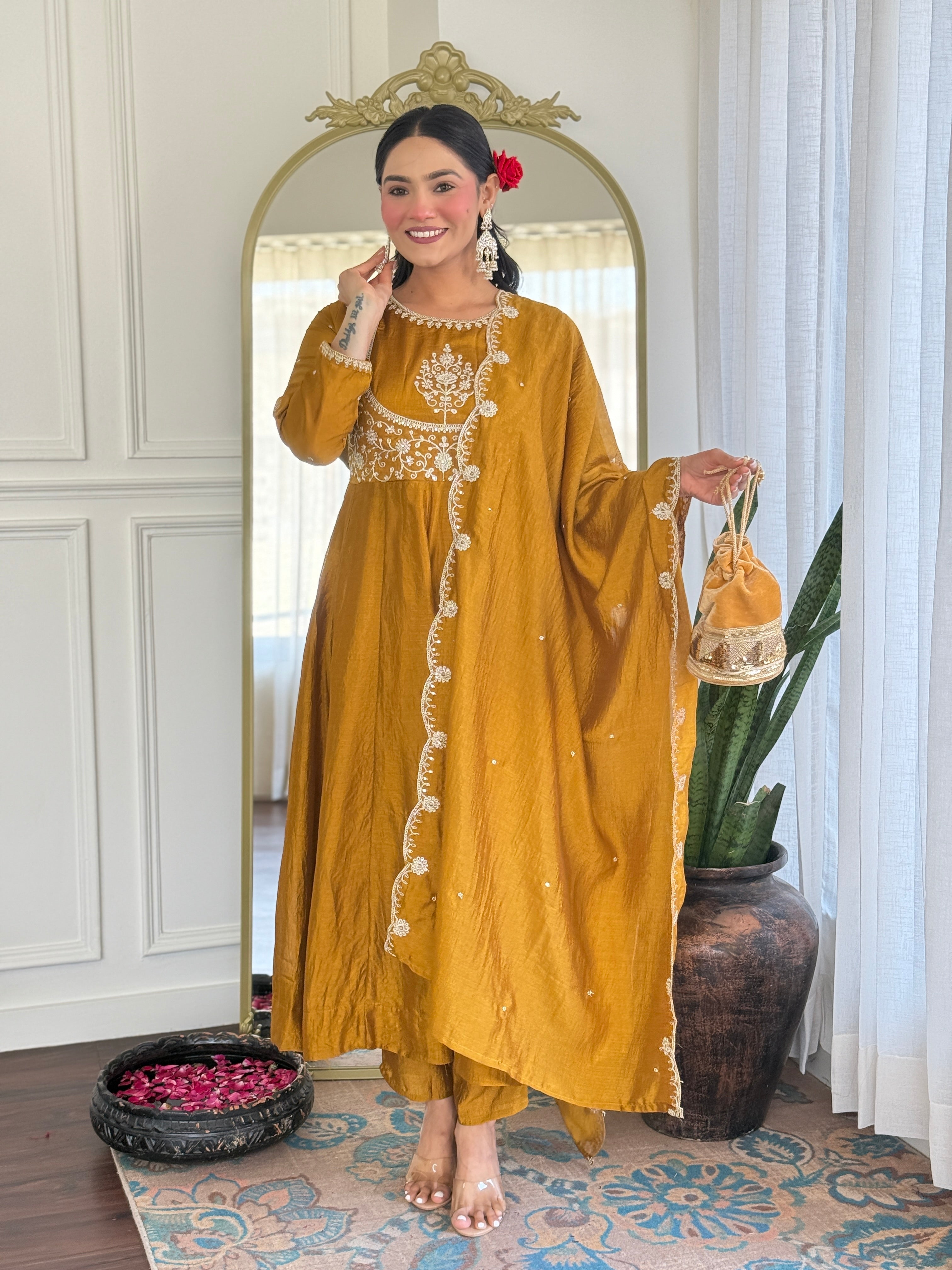 Festive Mustard Anarkali Set with Mirror & Thread Work