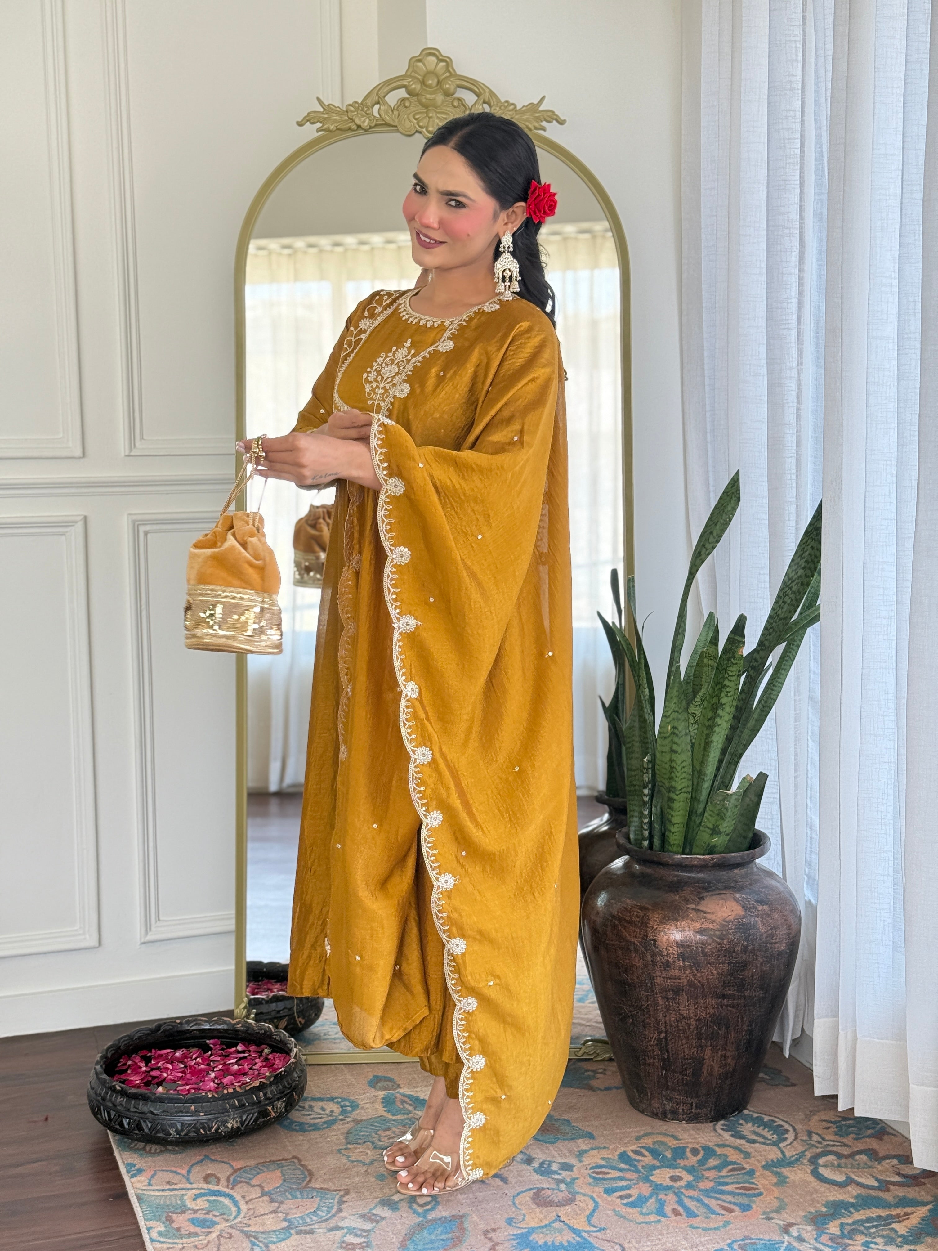 Festive Mustard Anarkali Set with Mirror & Thread Work