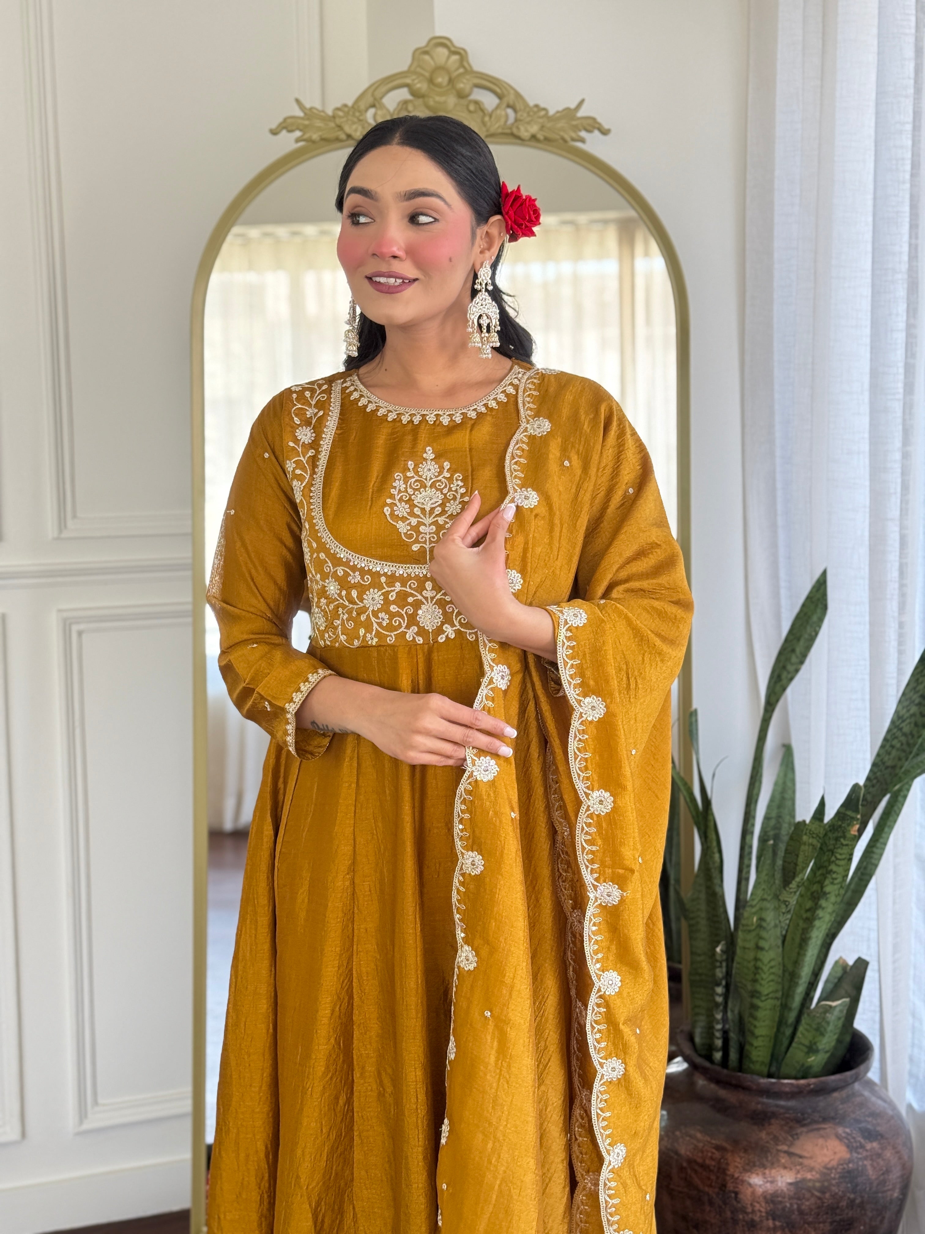 Festive Mustard Anarkali Set with Mirror & Thread Work