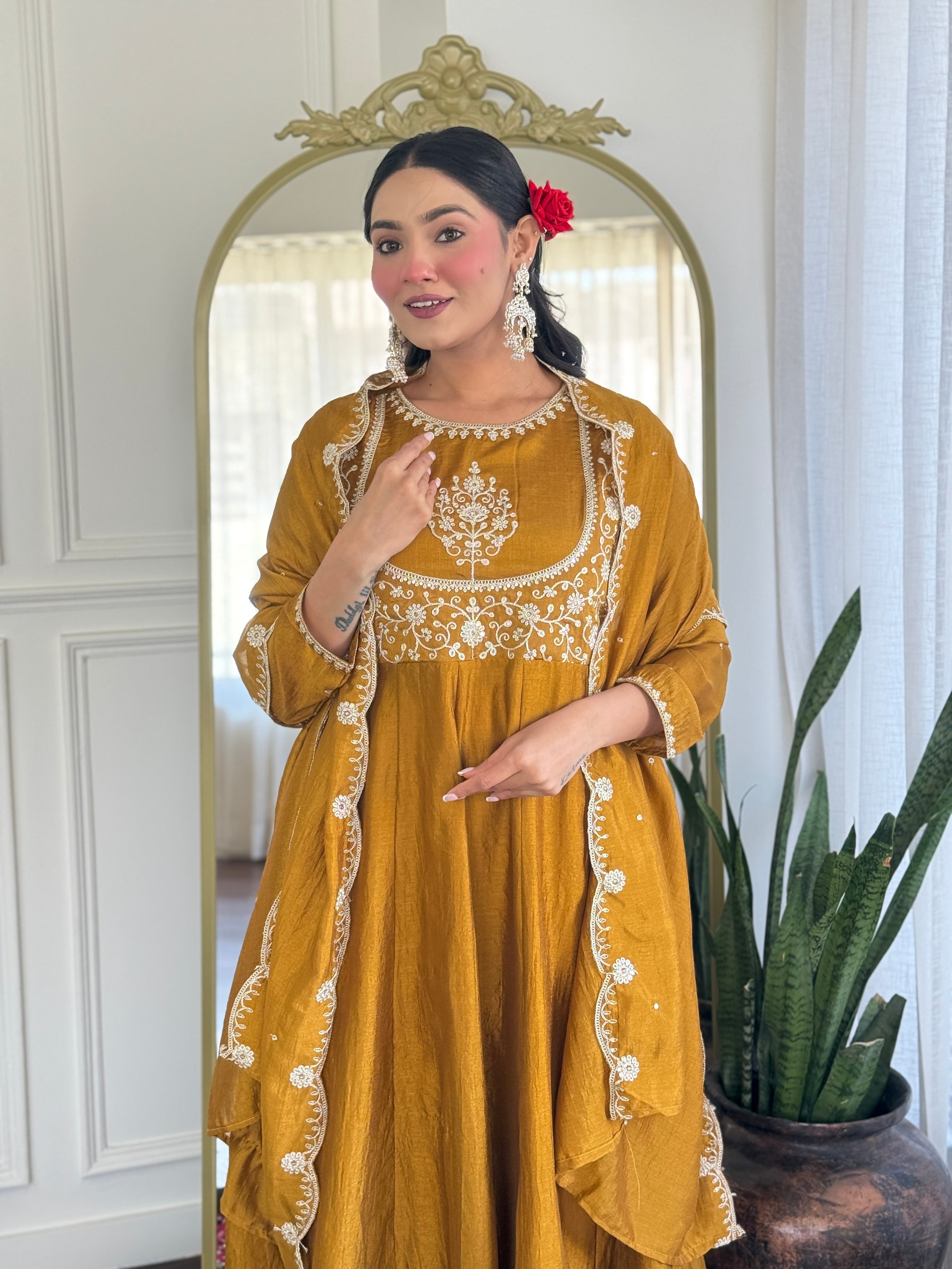 Festive Mustard Anarkali Set with Mirror & Thread Work