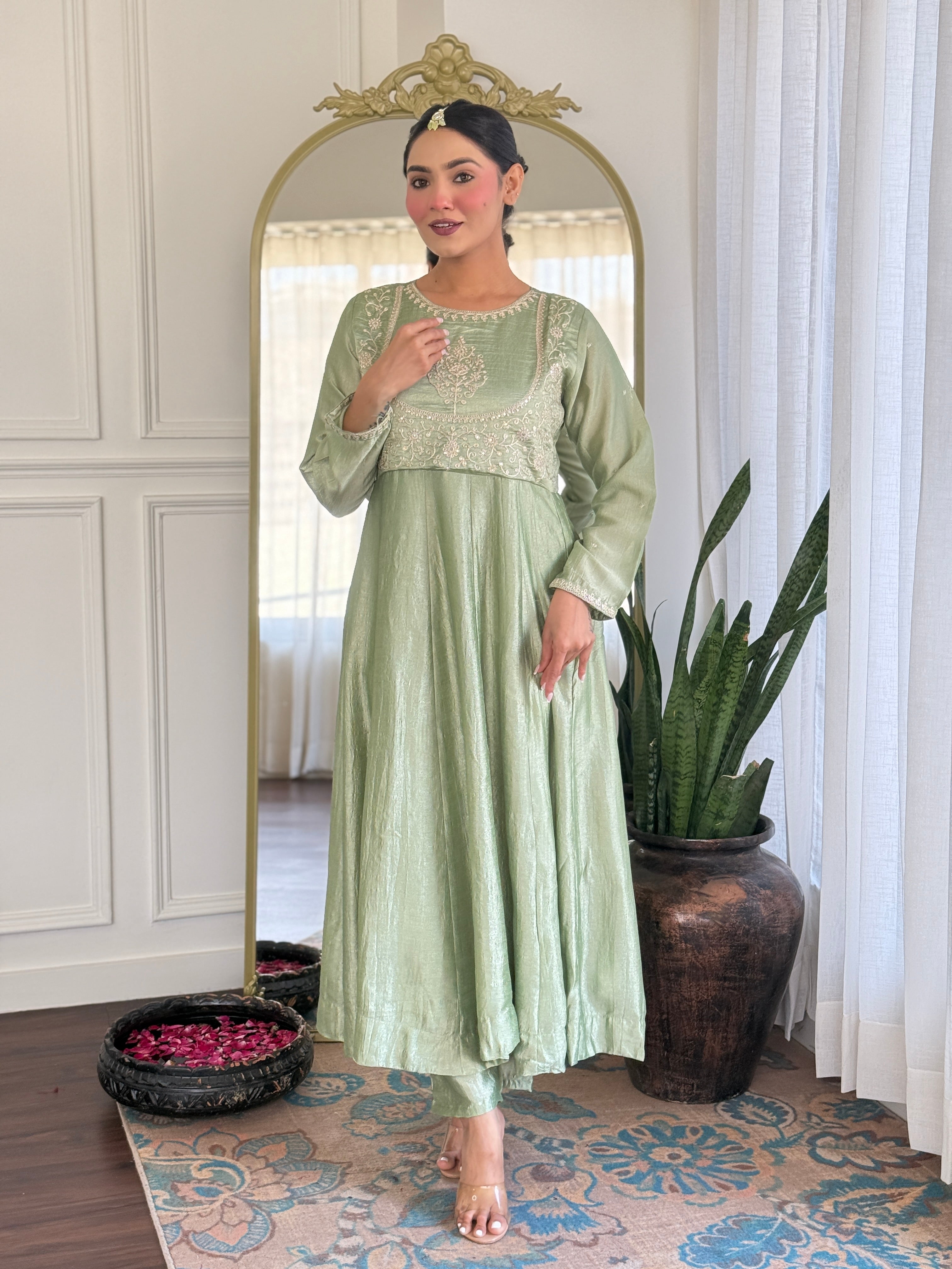 Riona Elegant Pista Anarakali Kurta & Pant With Dupatta