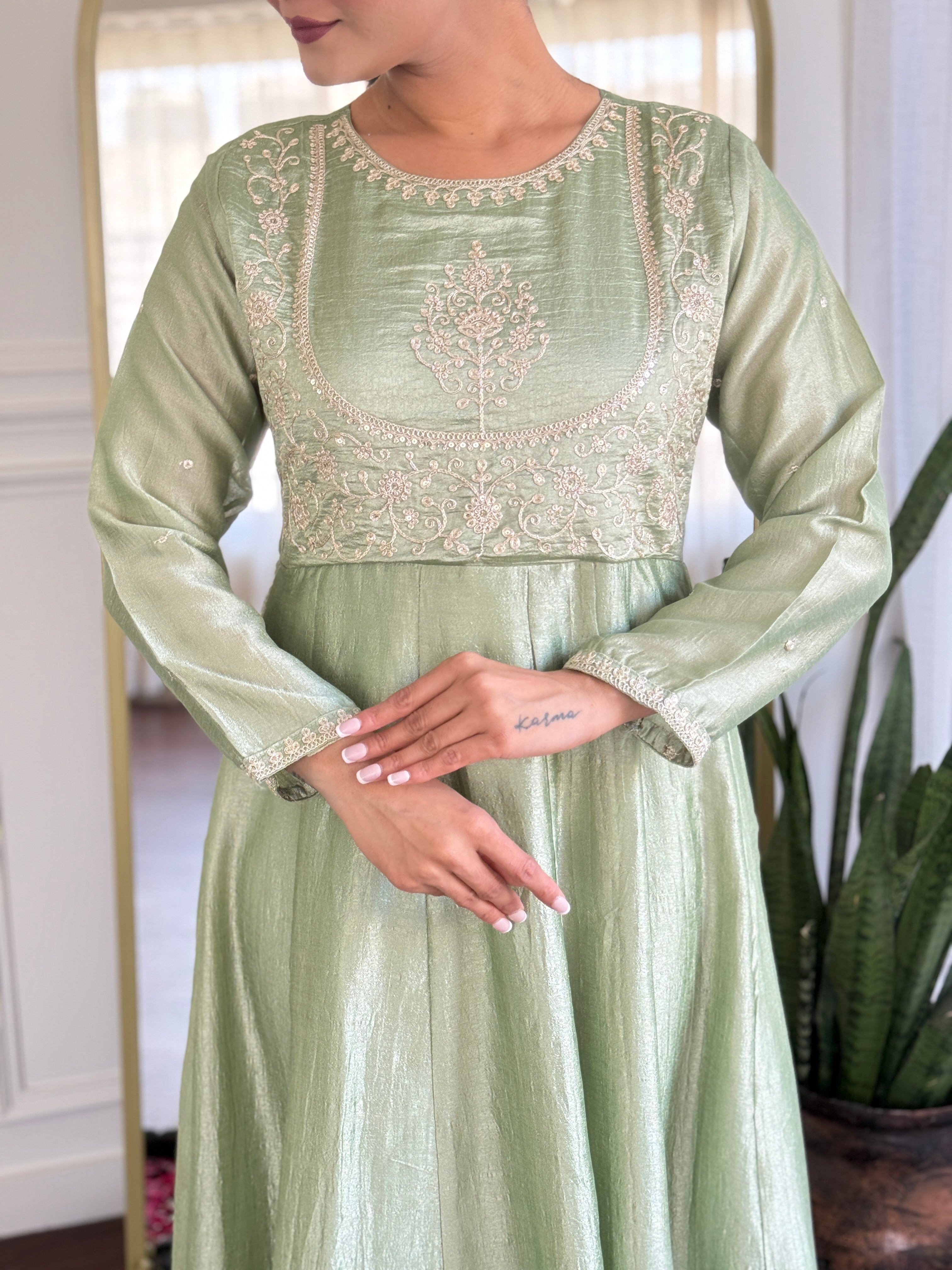 Riona Elegant Pista Anarakali Kurta & Pant With Dupatta