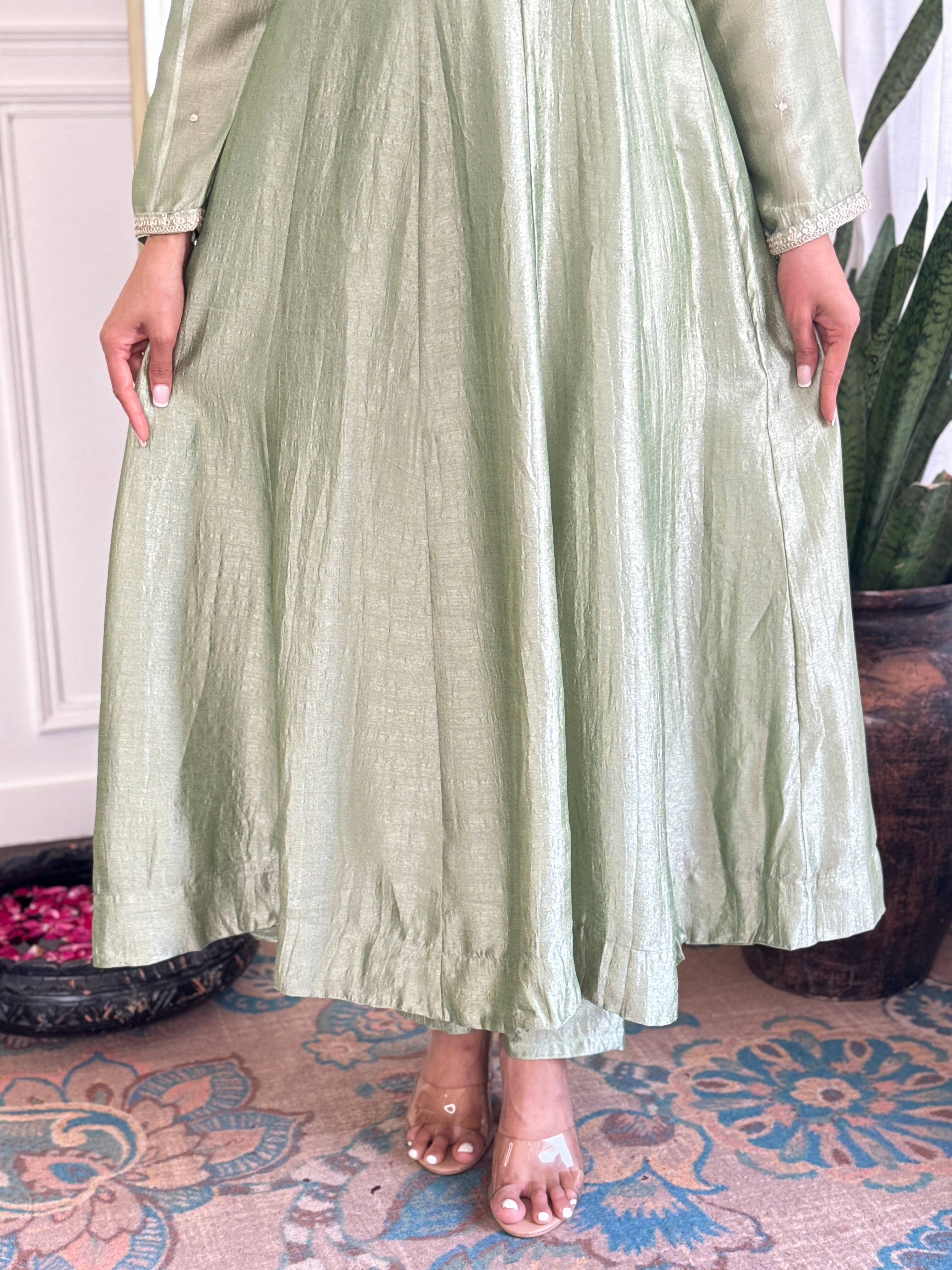Riona Elegant Pista Anarakali Kurta & Pant With Dupatta