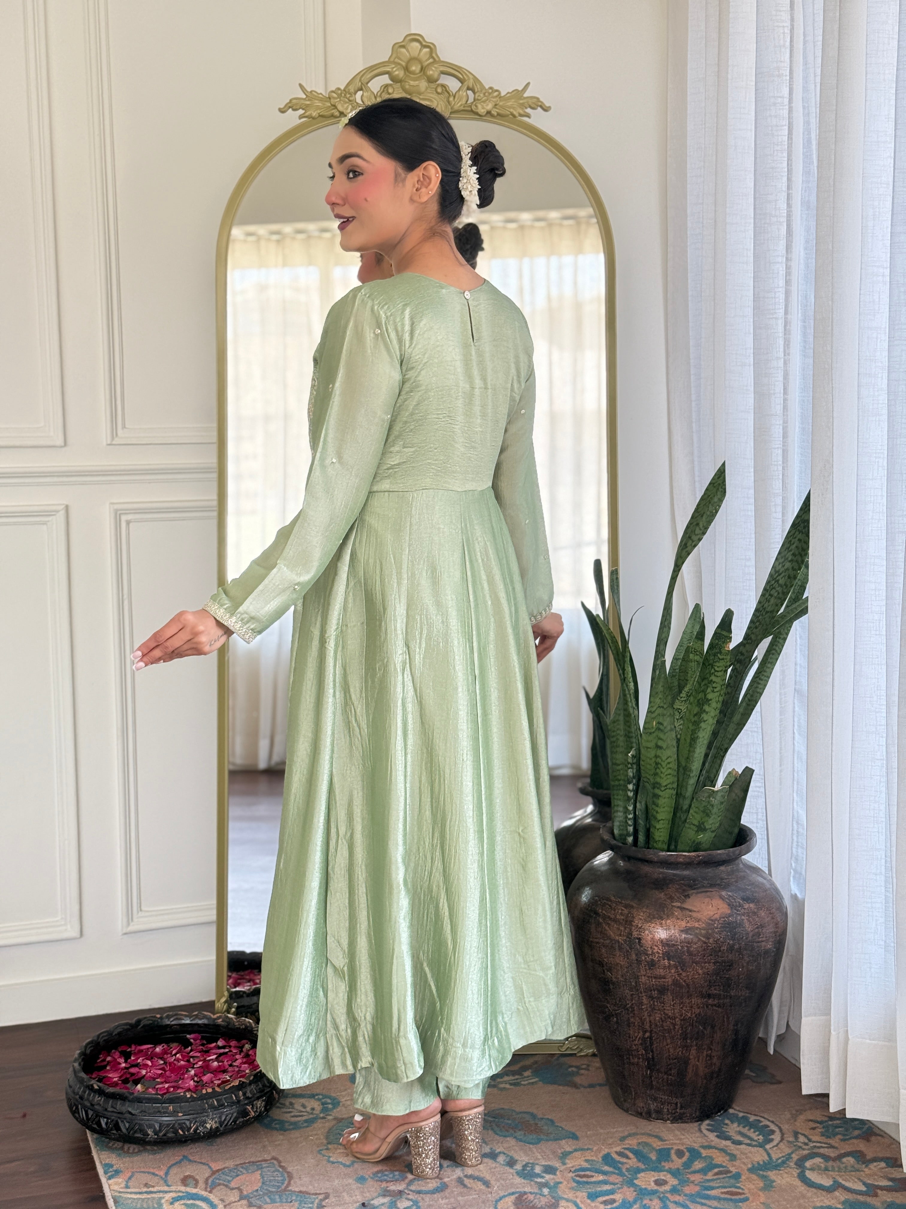 Riona Elegant Pista Anarakali Kurta & Pant With Dupatta
