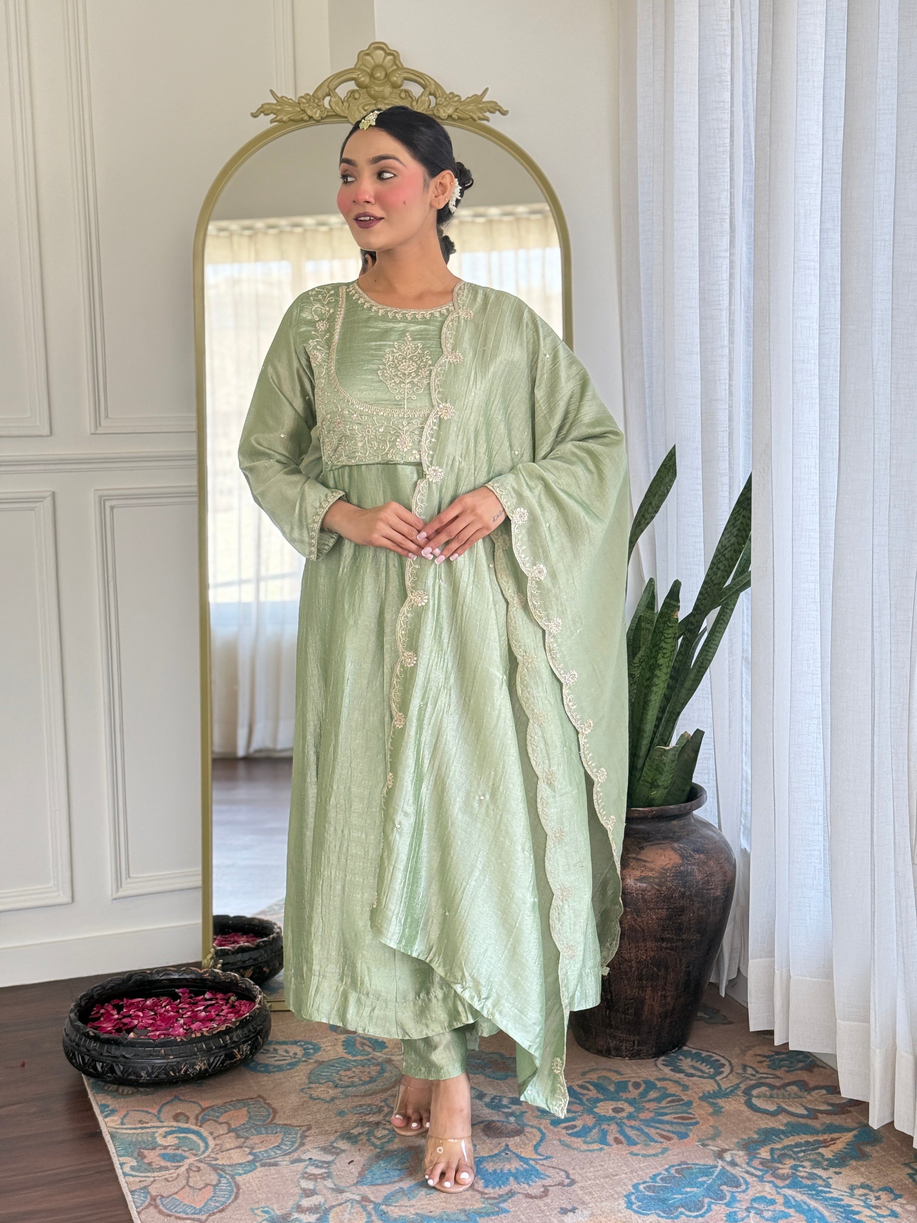 Riona Elegant Pista Anarakali Kurta & Pant With Dupatta