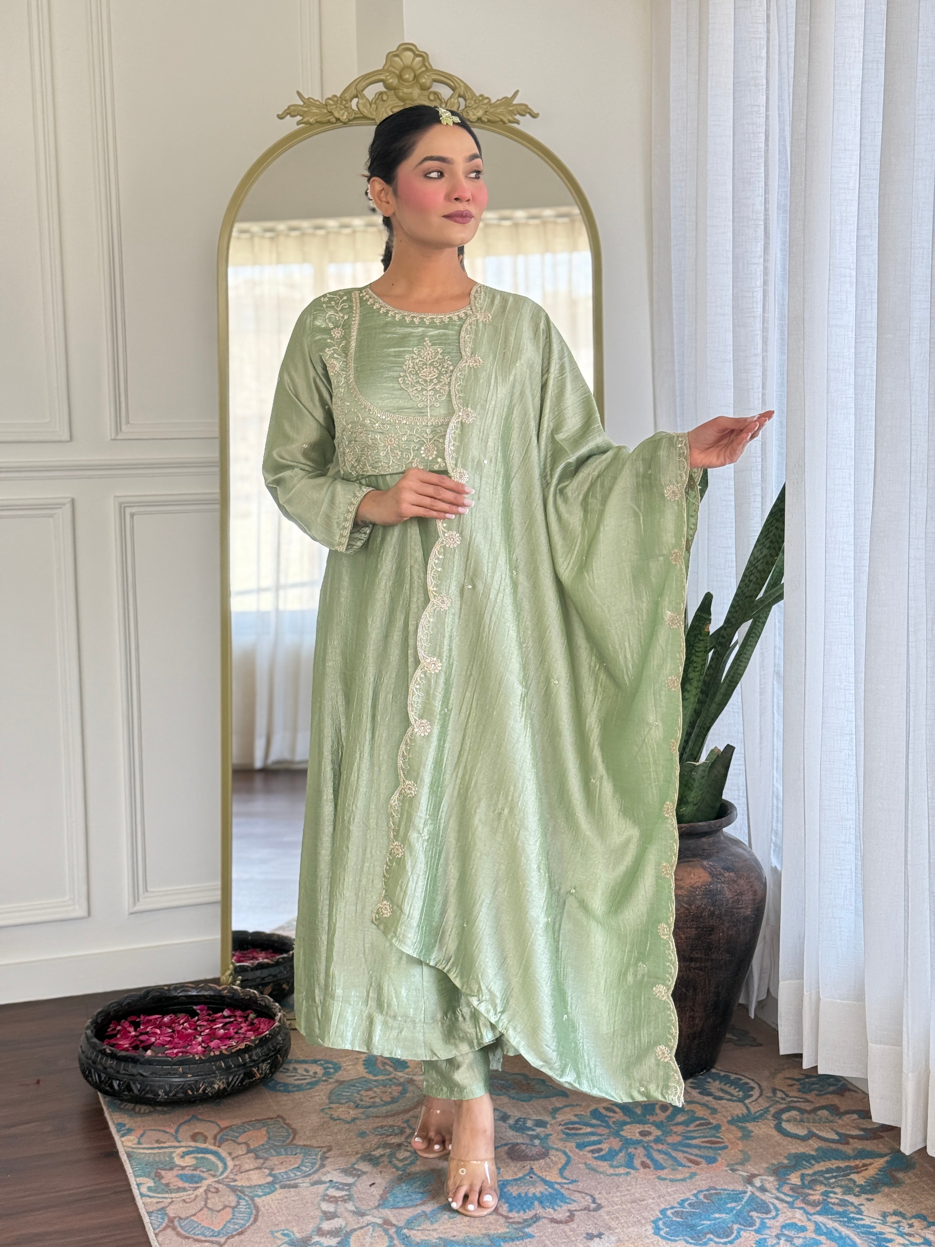 Riona Elegant Pista Anarakali Kurta & Pant With Dupatta