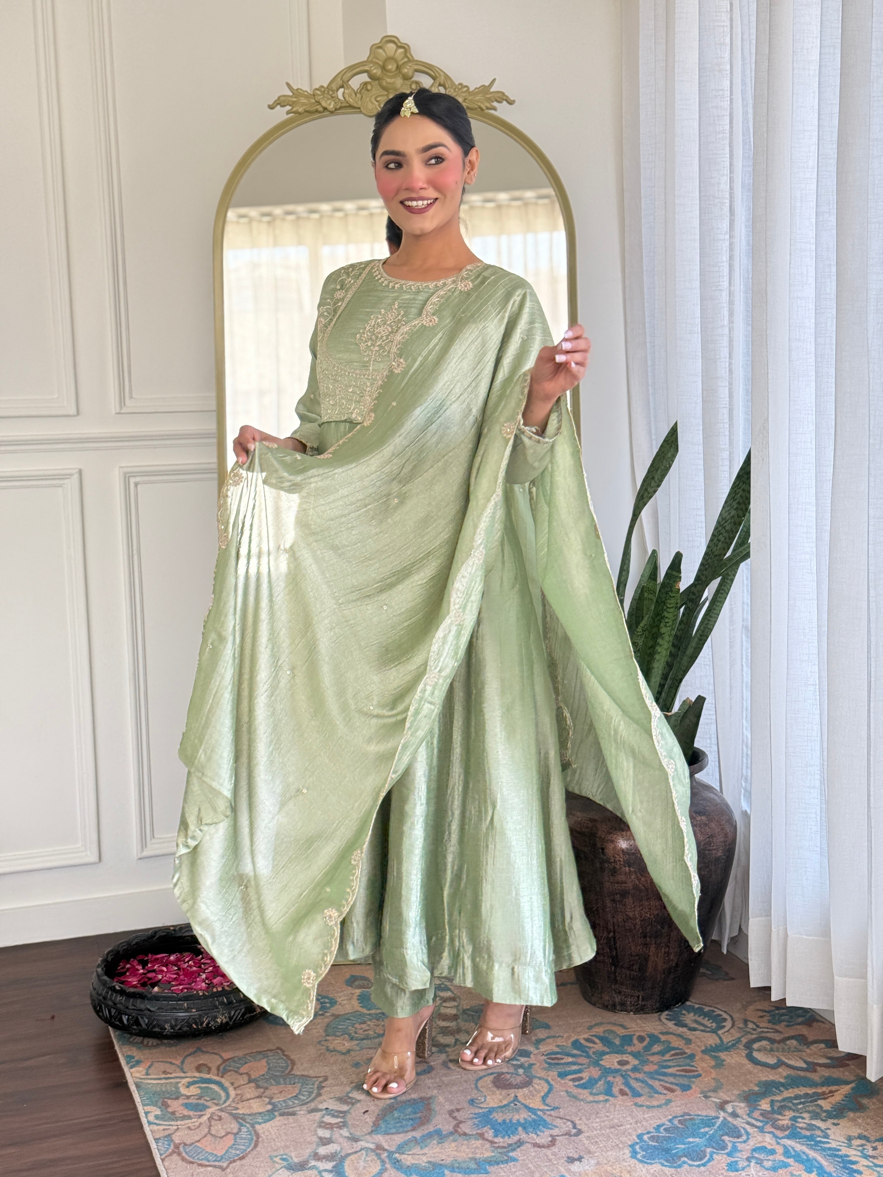 Riona Elegant Pista Anarakali Kurta & Pant With Dupatta