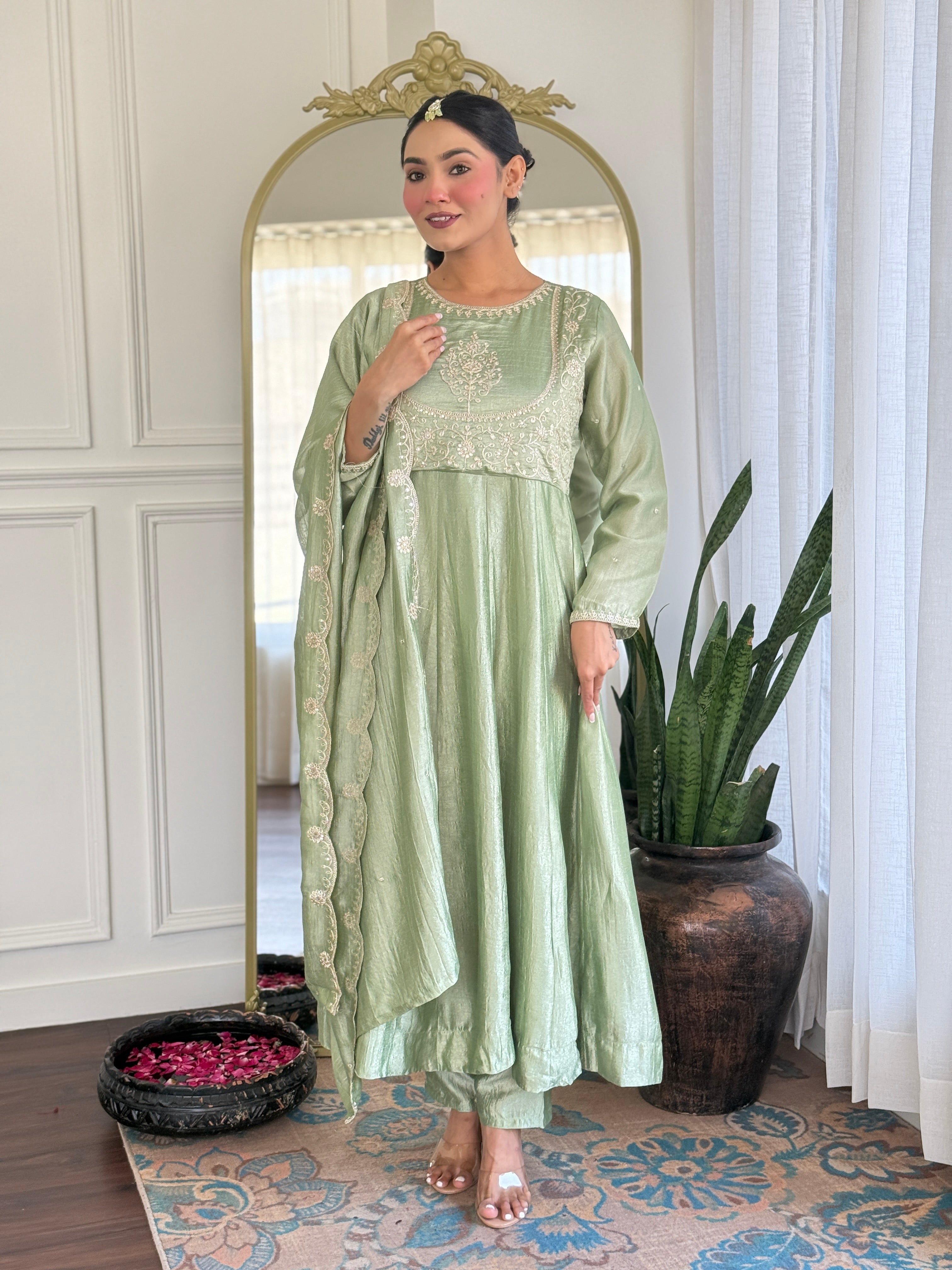 Riona Elegant Pista Anarakali Kurta & Pant With Dupatta