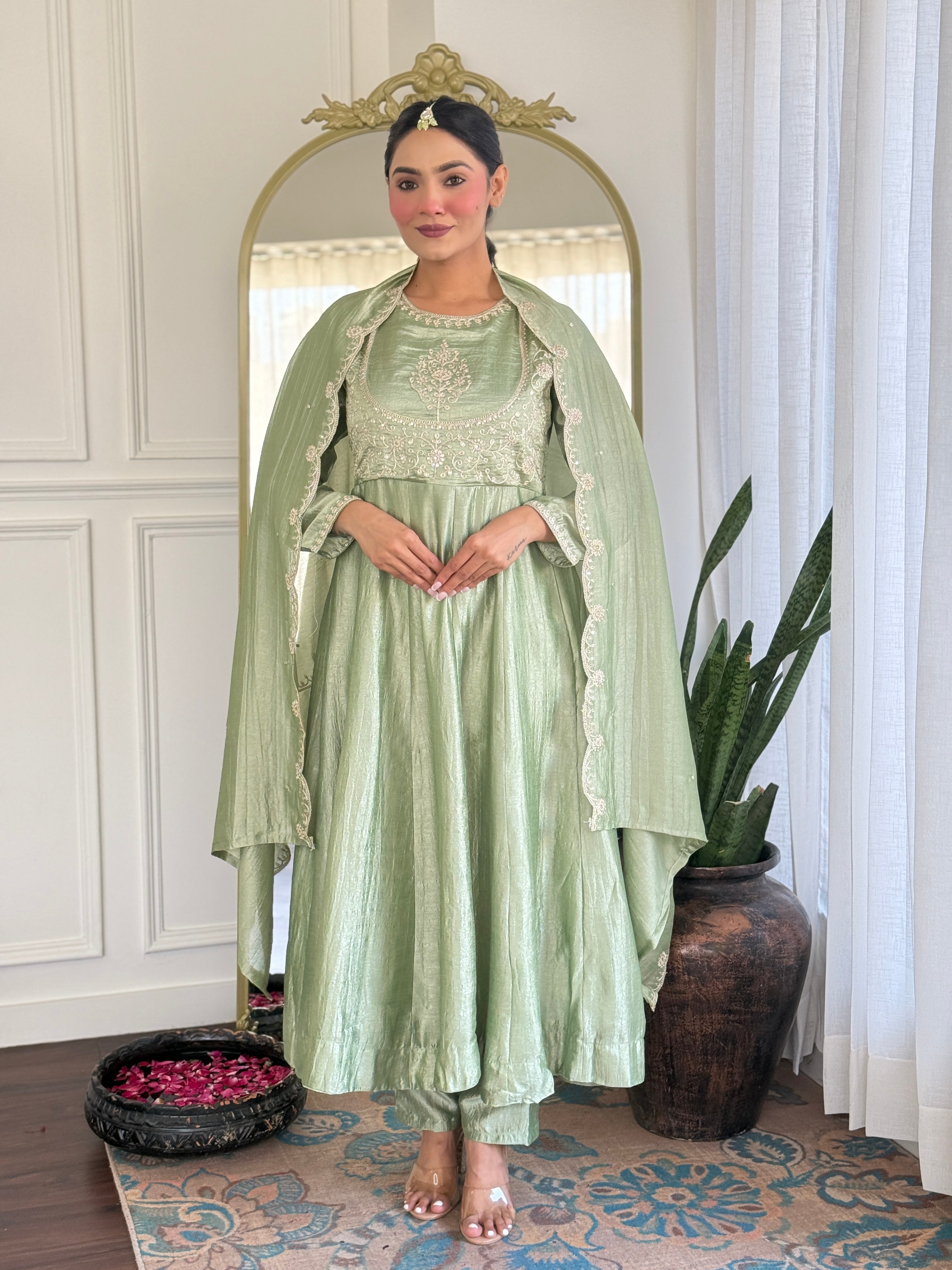 Riona Elegant Pista Anarakali Kurta & Pant With Dupatta