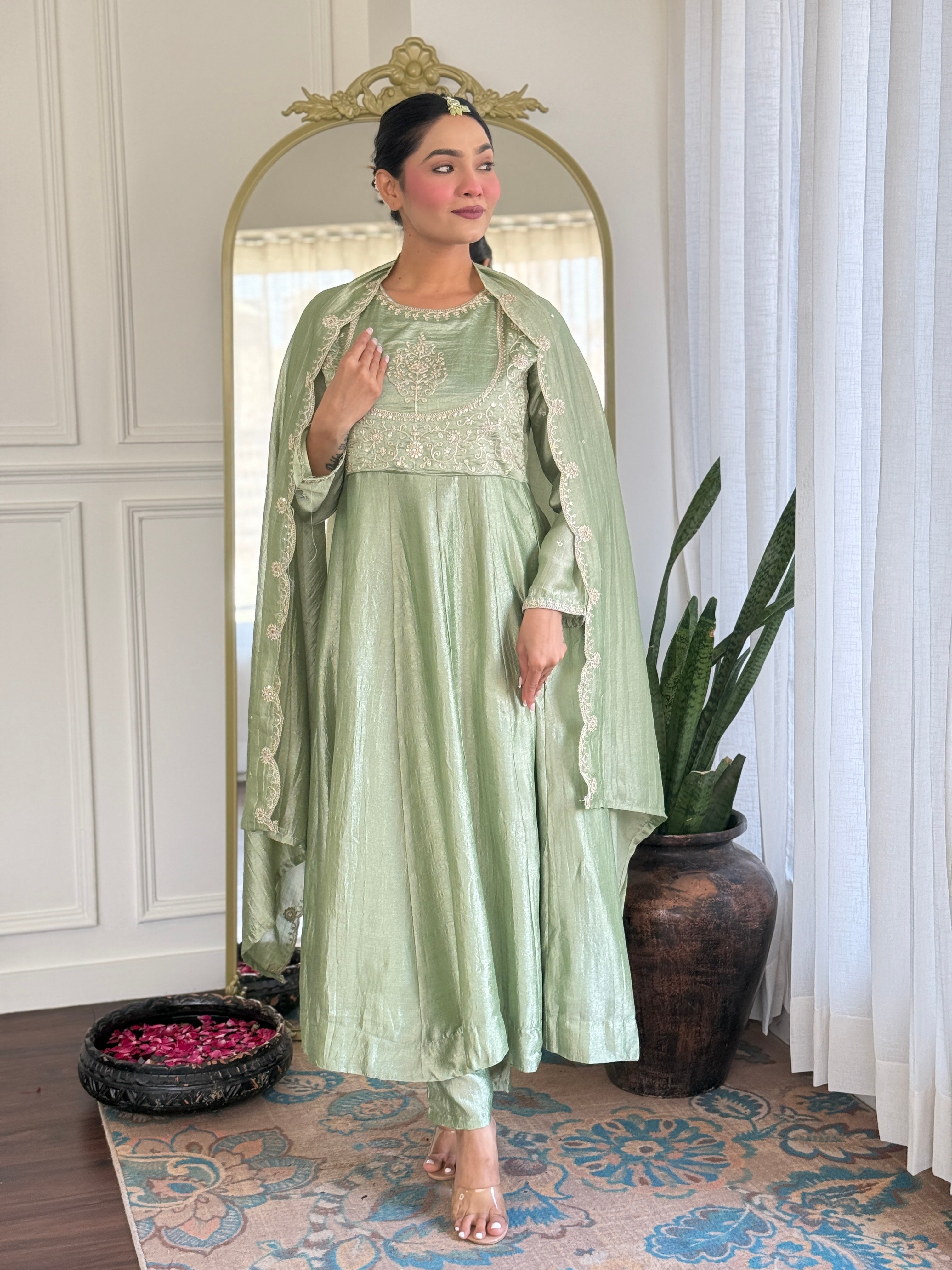 Riona Elegant Pista Anarakali Kurta & Pant With Dupatta