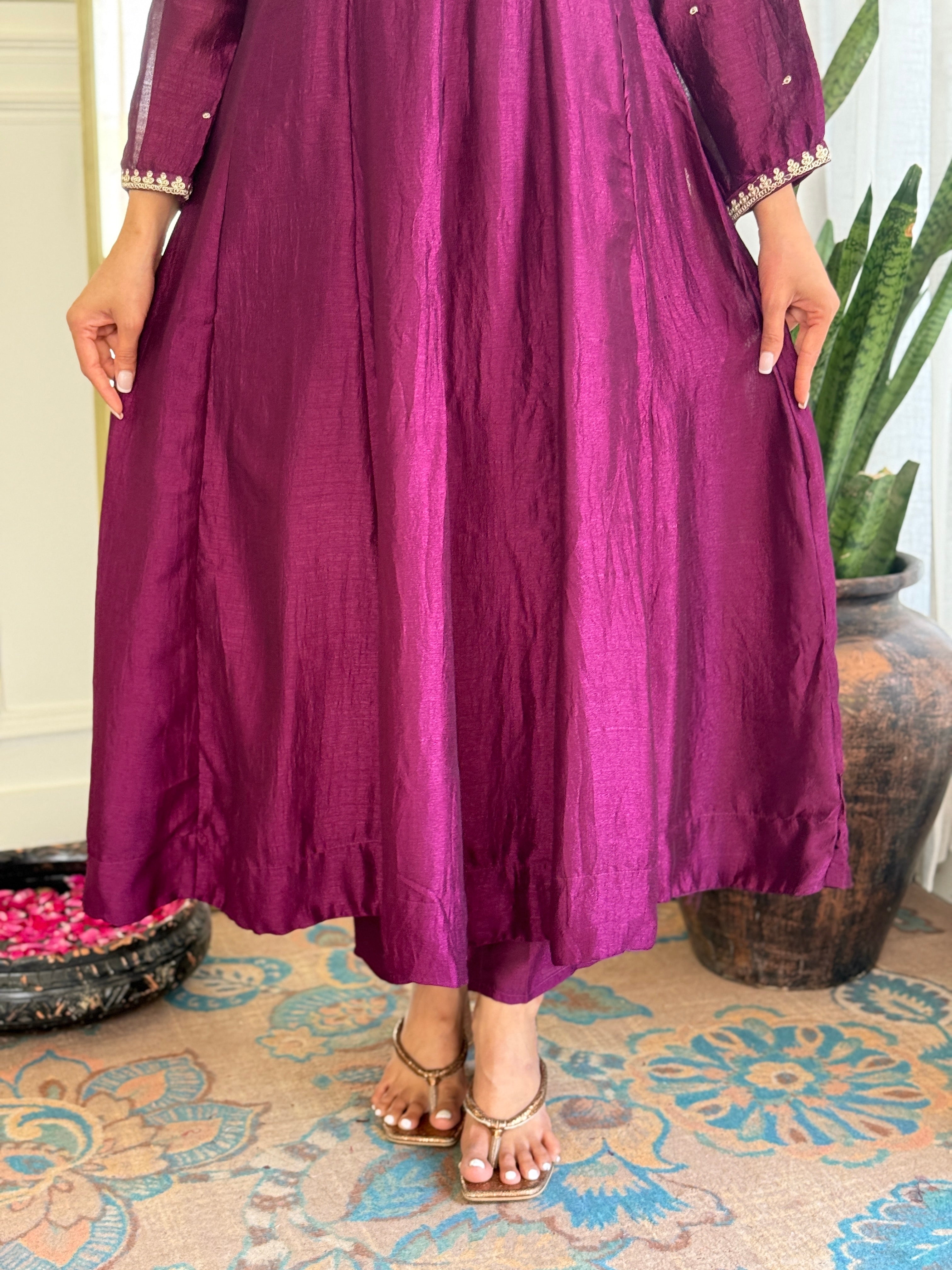 Luxury Wine Anarkali Kurta Set in Silk Finish