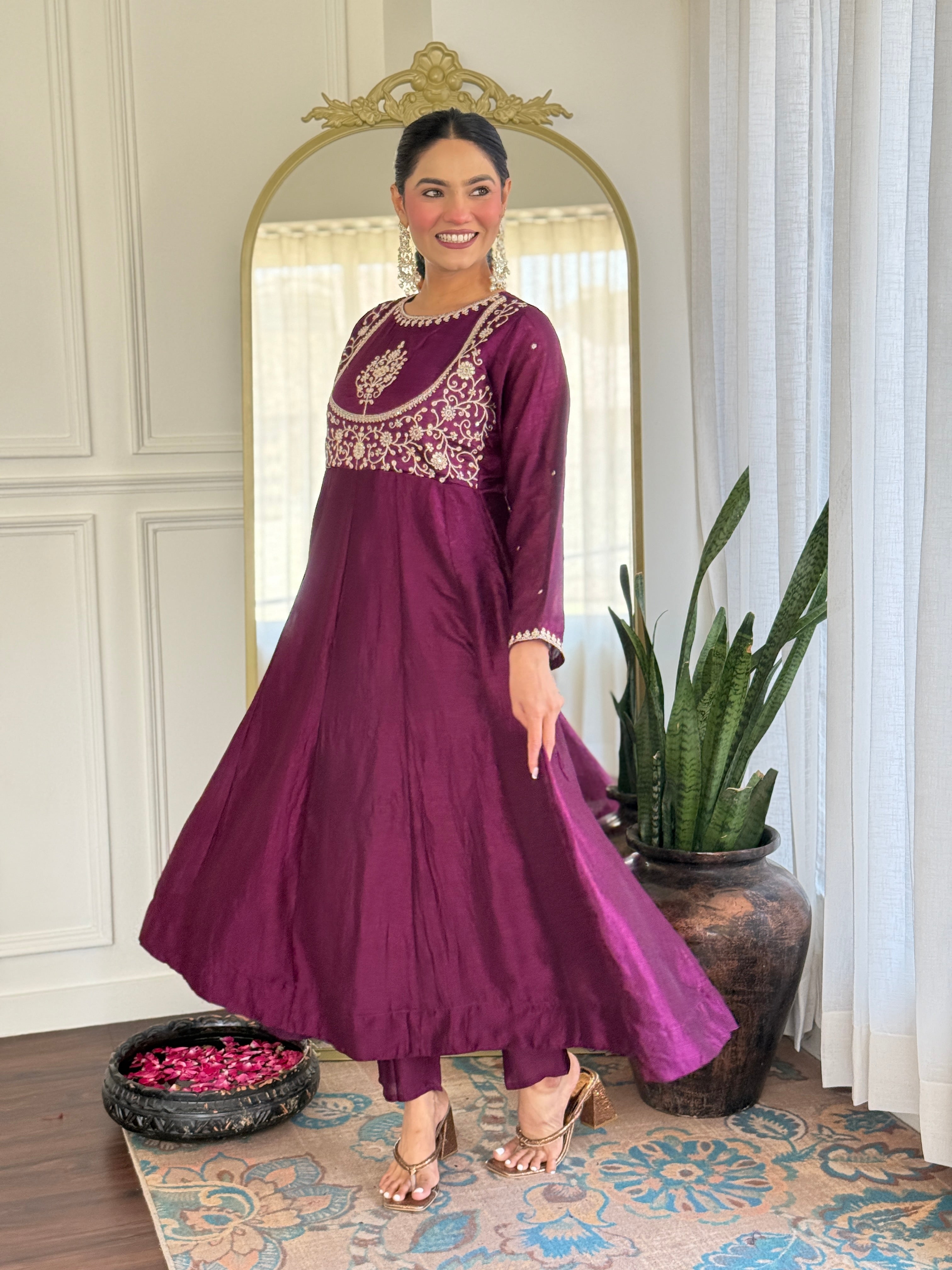 Luxury Wine Anarkali Kurta Set in Silk Finish