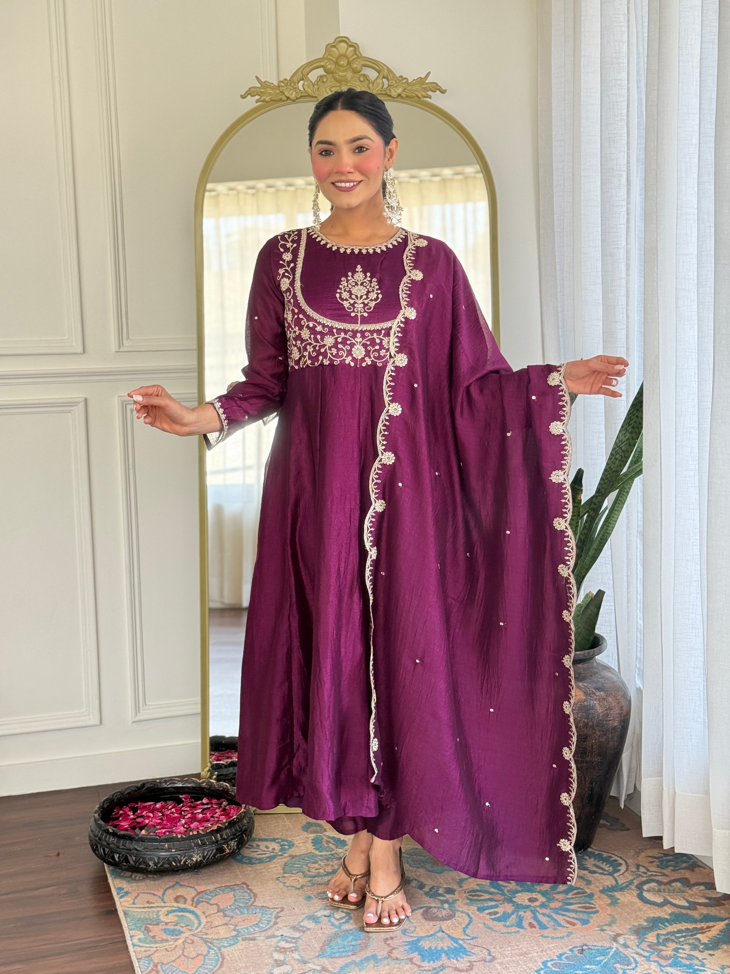 Luxury Wine Anarkali Kurta Set in Silk Finish