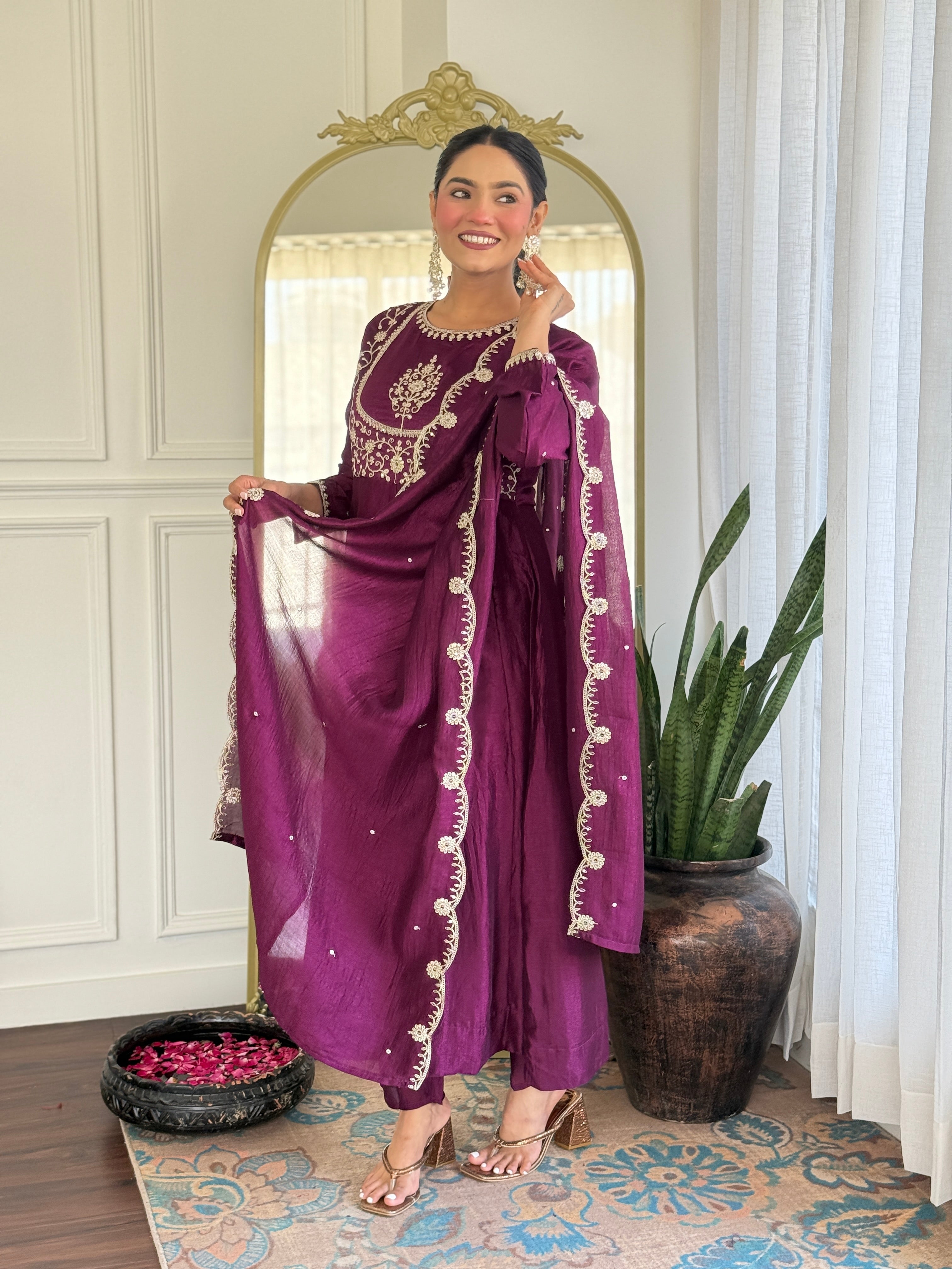 Luxury Wine Anarkali Kurta Set in Silk Finish