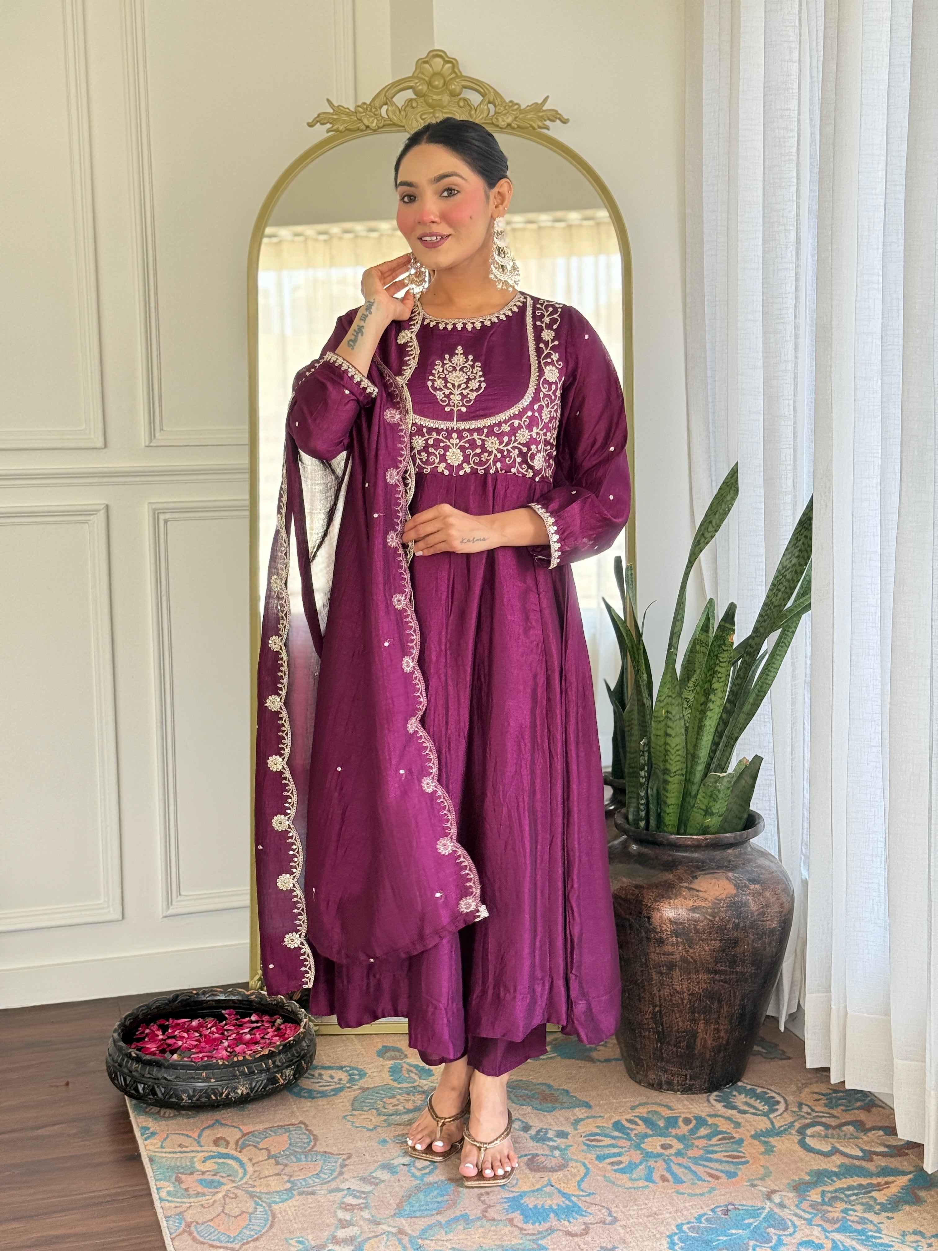 Luxury Wine Anarkali Kurta Set in Silk Finish