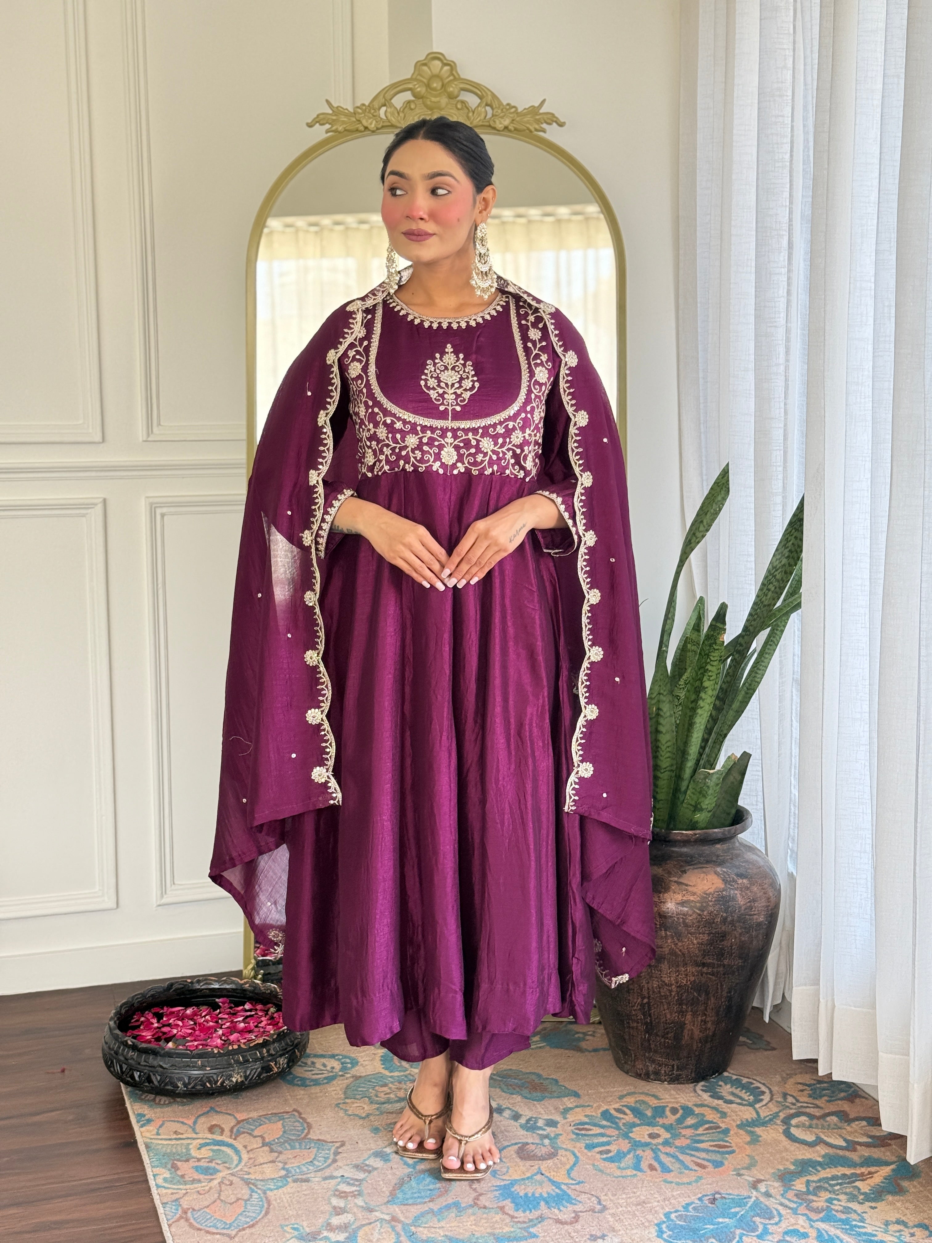Luxury Wine Anarkali Kurta Set in Silk Finish
