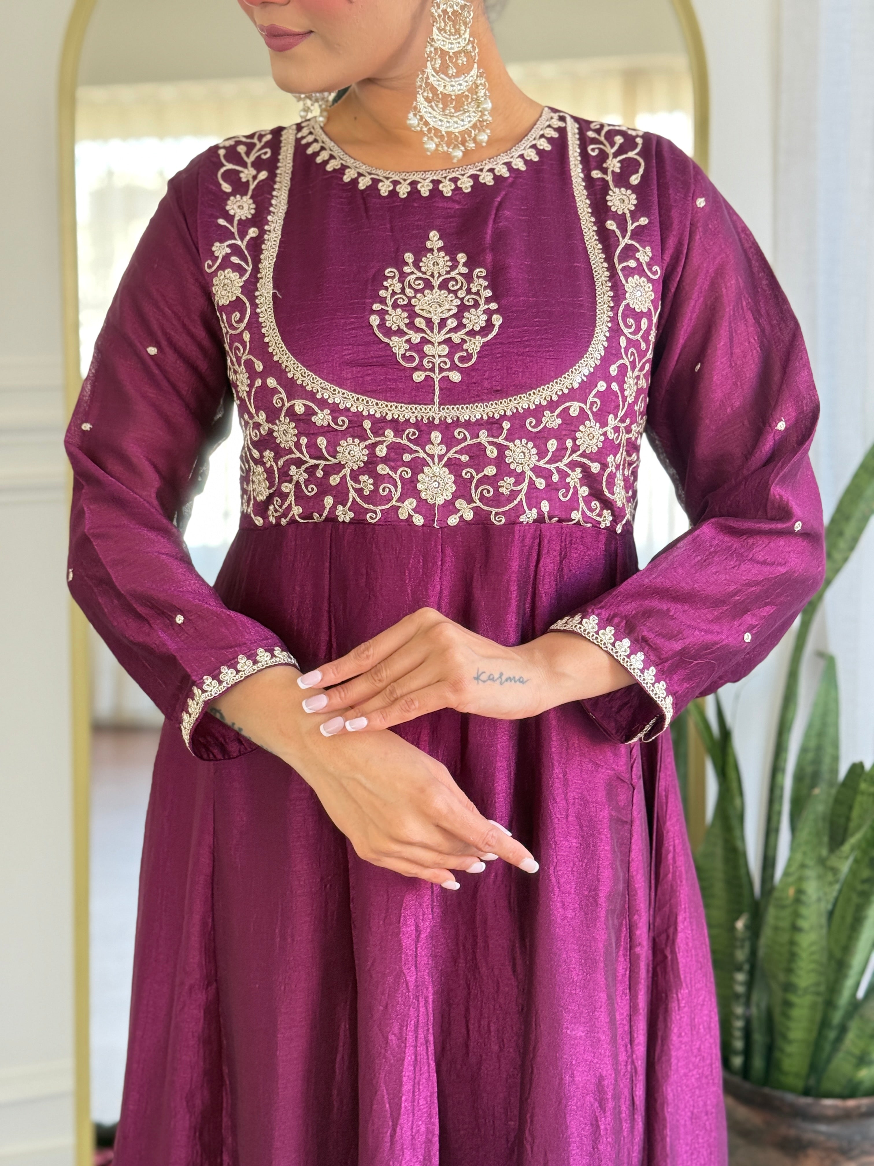 Luxury Wine Anarkali Kurta Set in Silk Finish