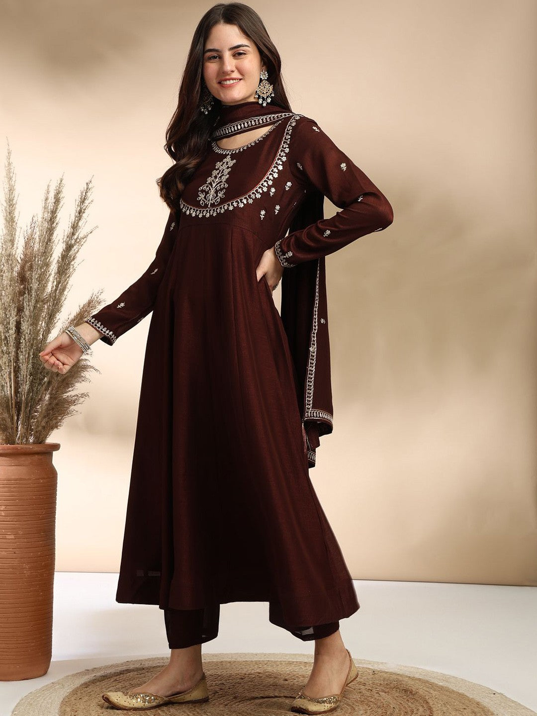 Rich Brown Embroidered A-Line Kurta Set with Dupatta