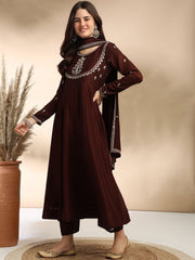 Rich Brown Embroidered A-Line Kurta Set with Dupatta