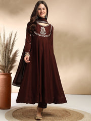 Rich Brown Embroidered A-Line Kurta Set with Dupatta
