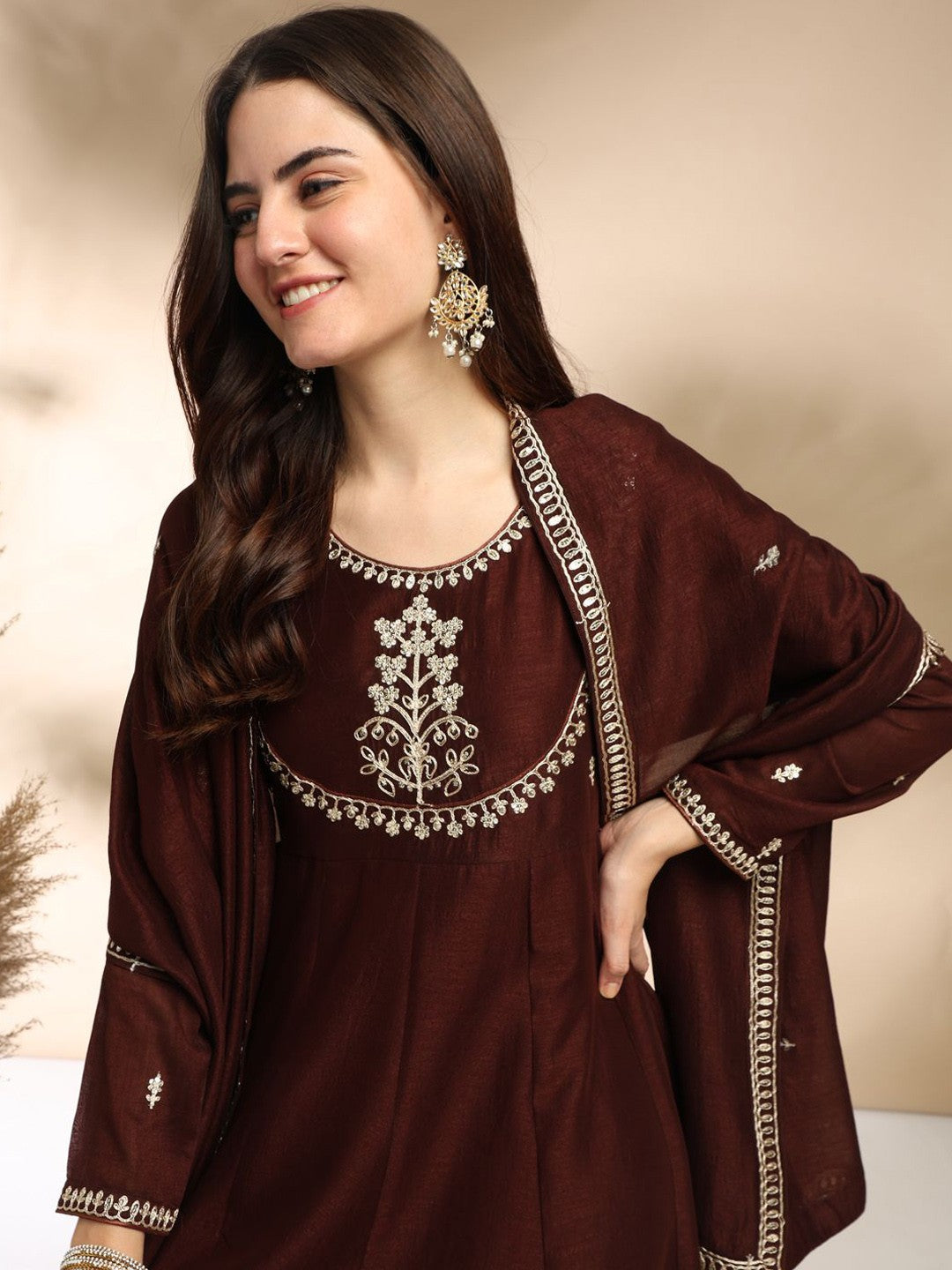 Rich Brown Embroidered A-Line Kurta Set with Dupatta