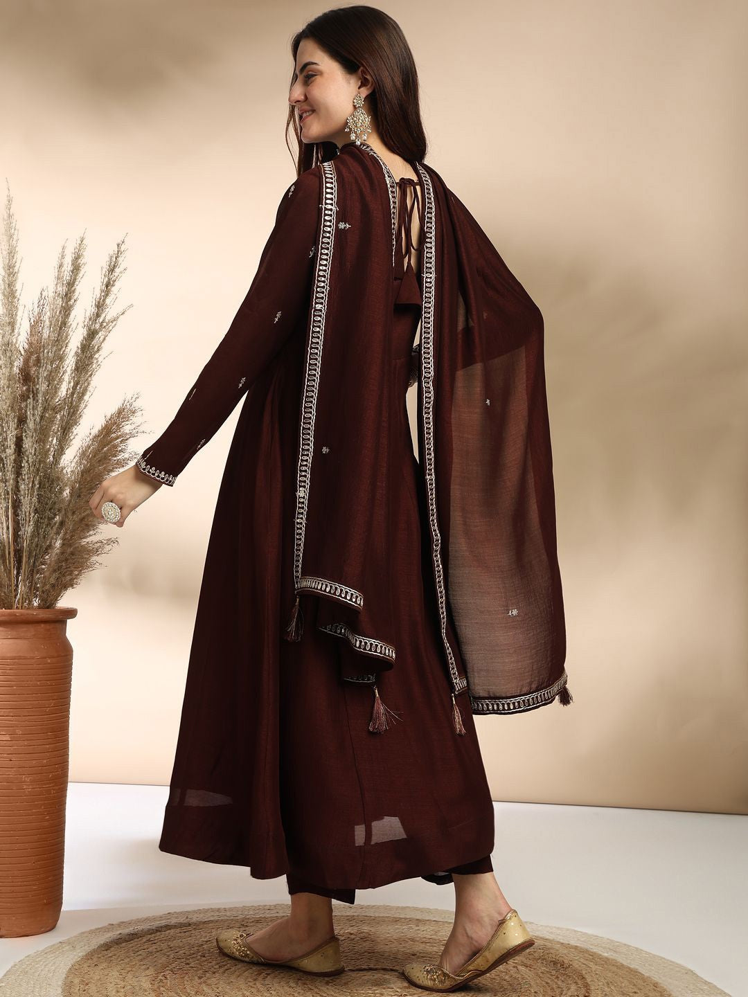 Rich Brown Embroidered A-Line Kurta Set with Dupatta