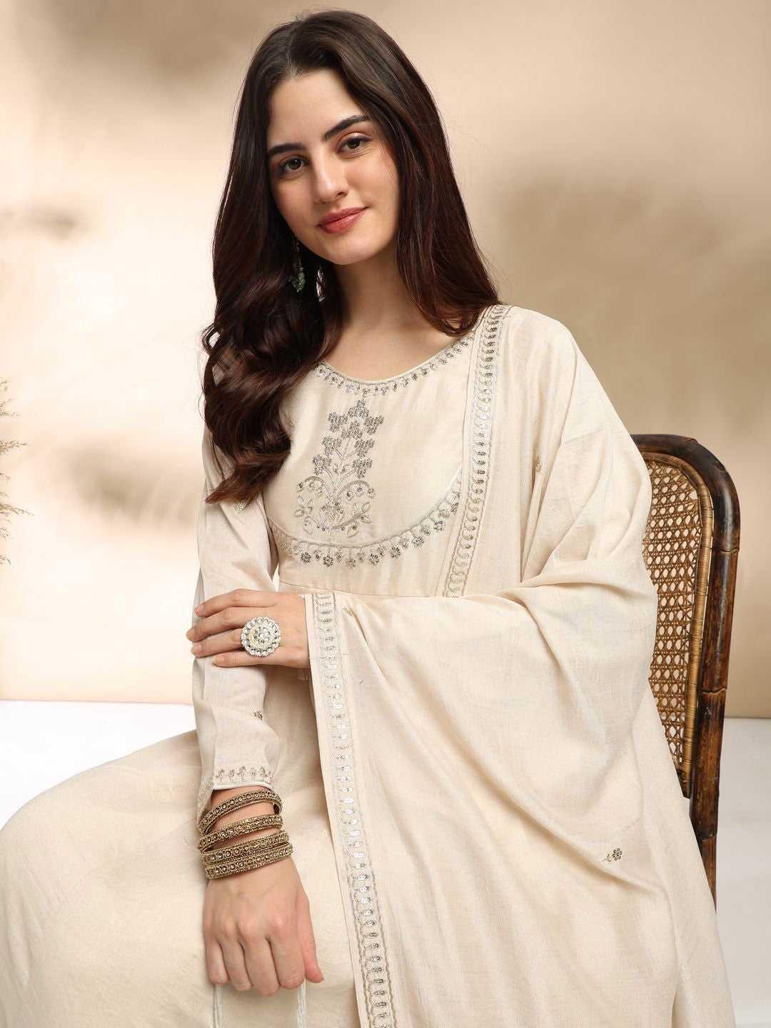 Ivory High-Neck Anarkali Kurta Set with Subtle Silver Embroidery