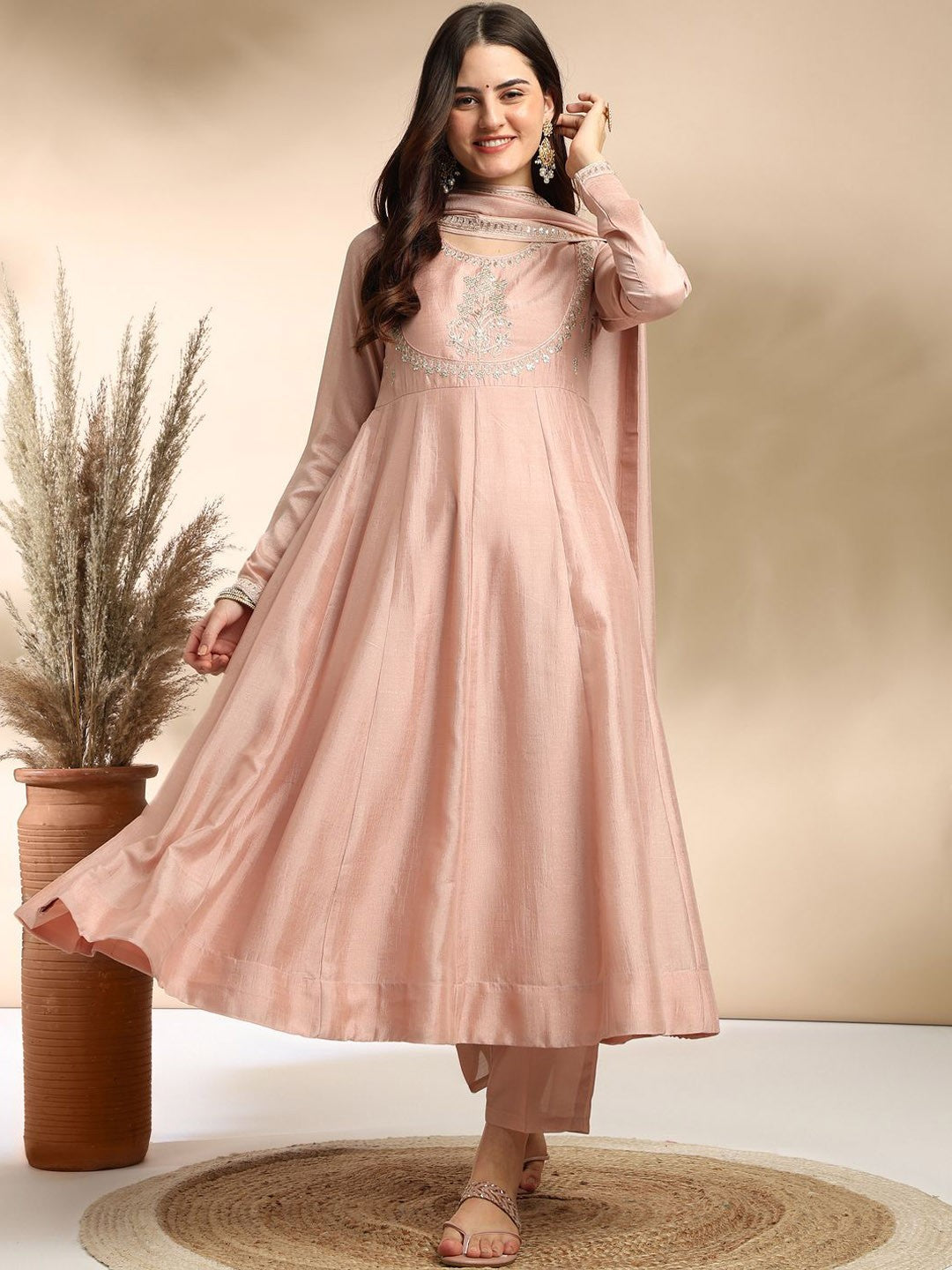 Blush Pink High-Neck Anarkali Kurta Set with Silver Embroidery