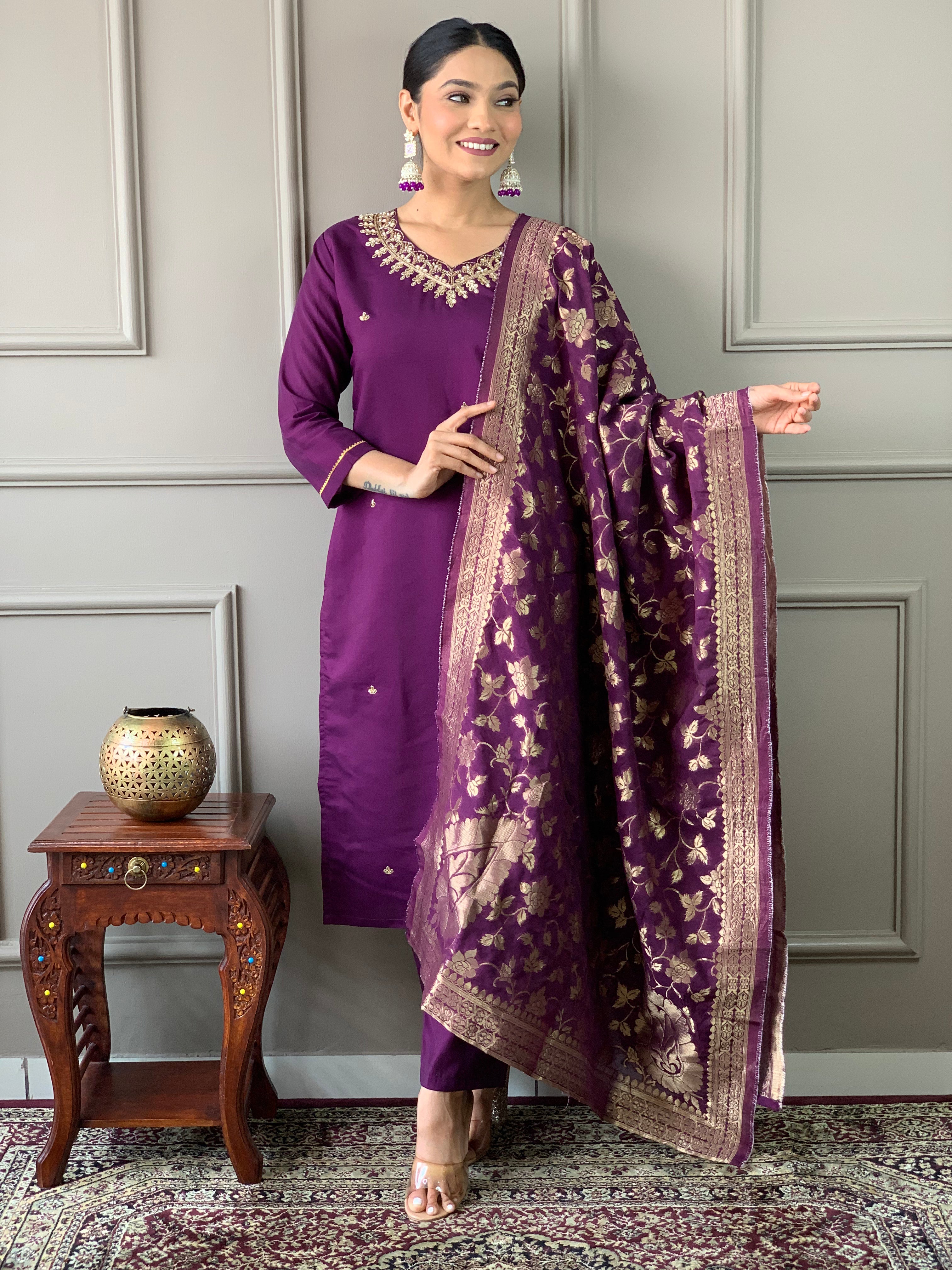 Women's Wine Viscose Chanderi Embroidered Kurta Set With Dupatta