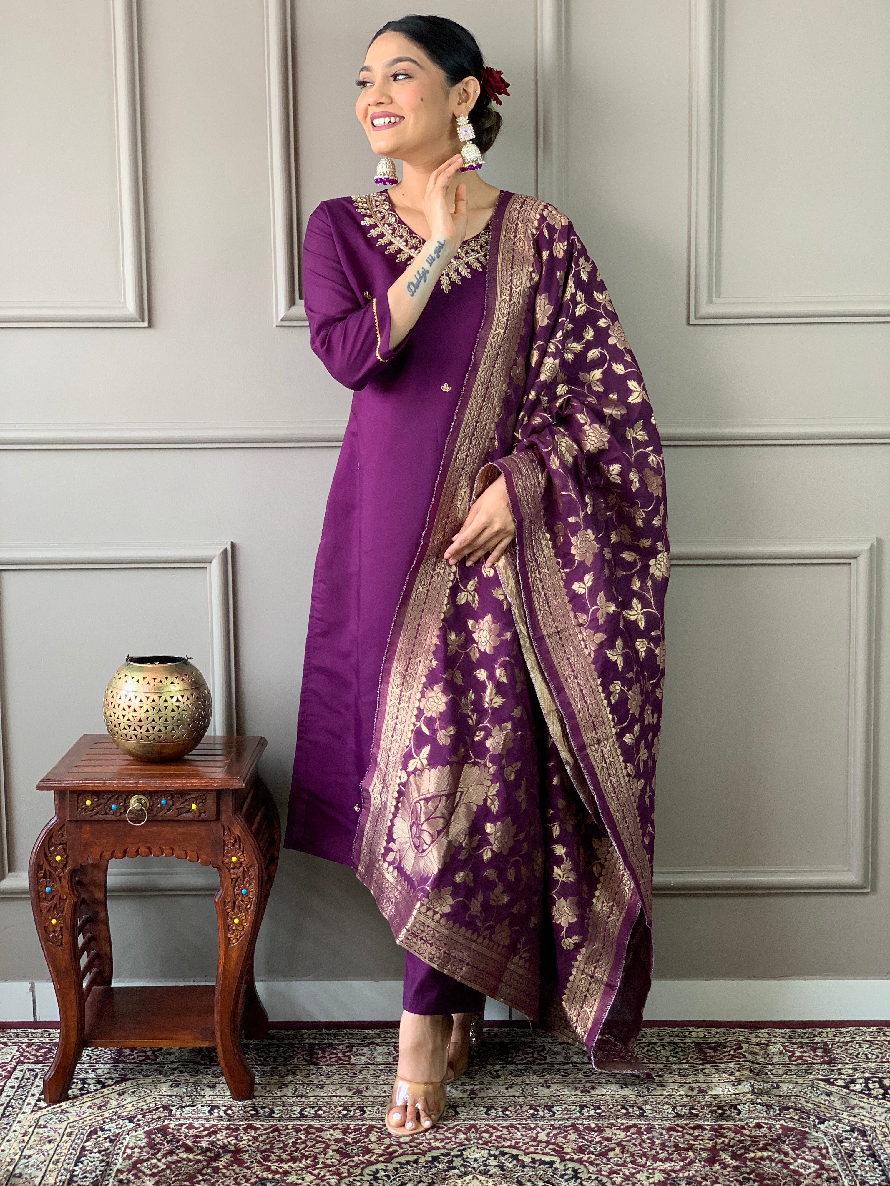 Women's Wine Viscose Chanderi Embroidered Kurta Set With Dupatta