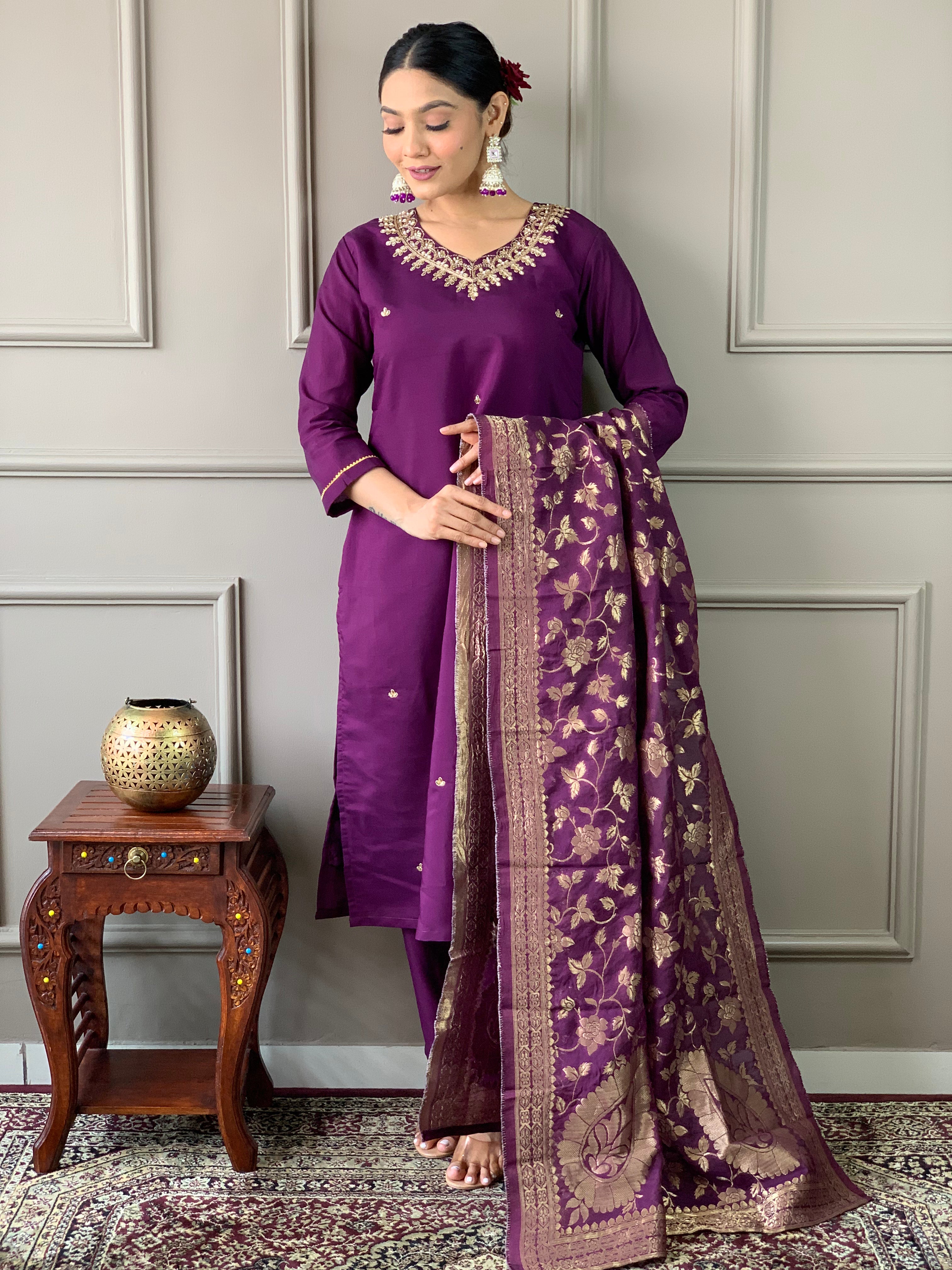 Women's Wine Viscose Chanderi Embroidered Kurta Set With Dupatta