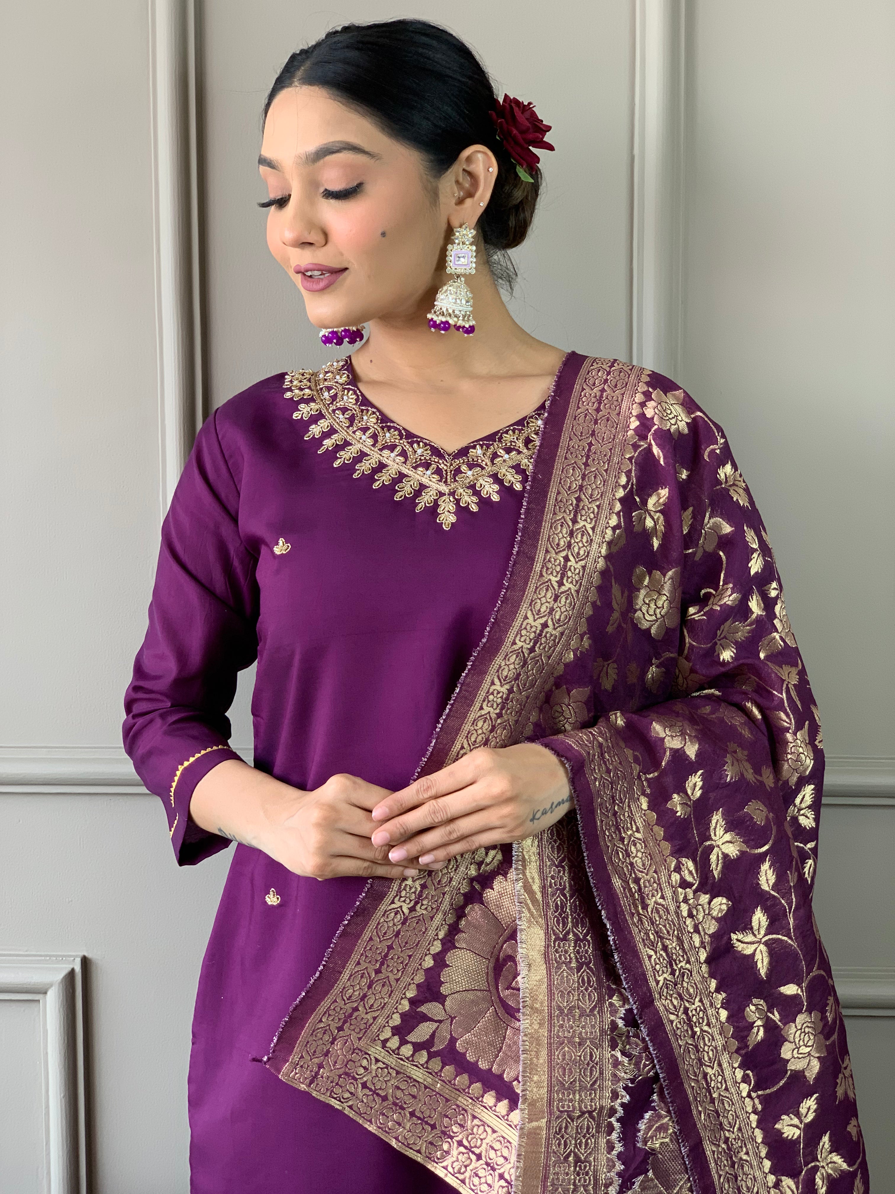 Women's Wine Viscose Chanderi Embroidered Kurta Set With Dupatta