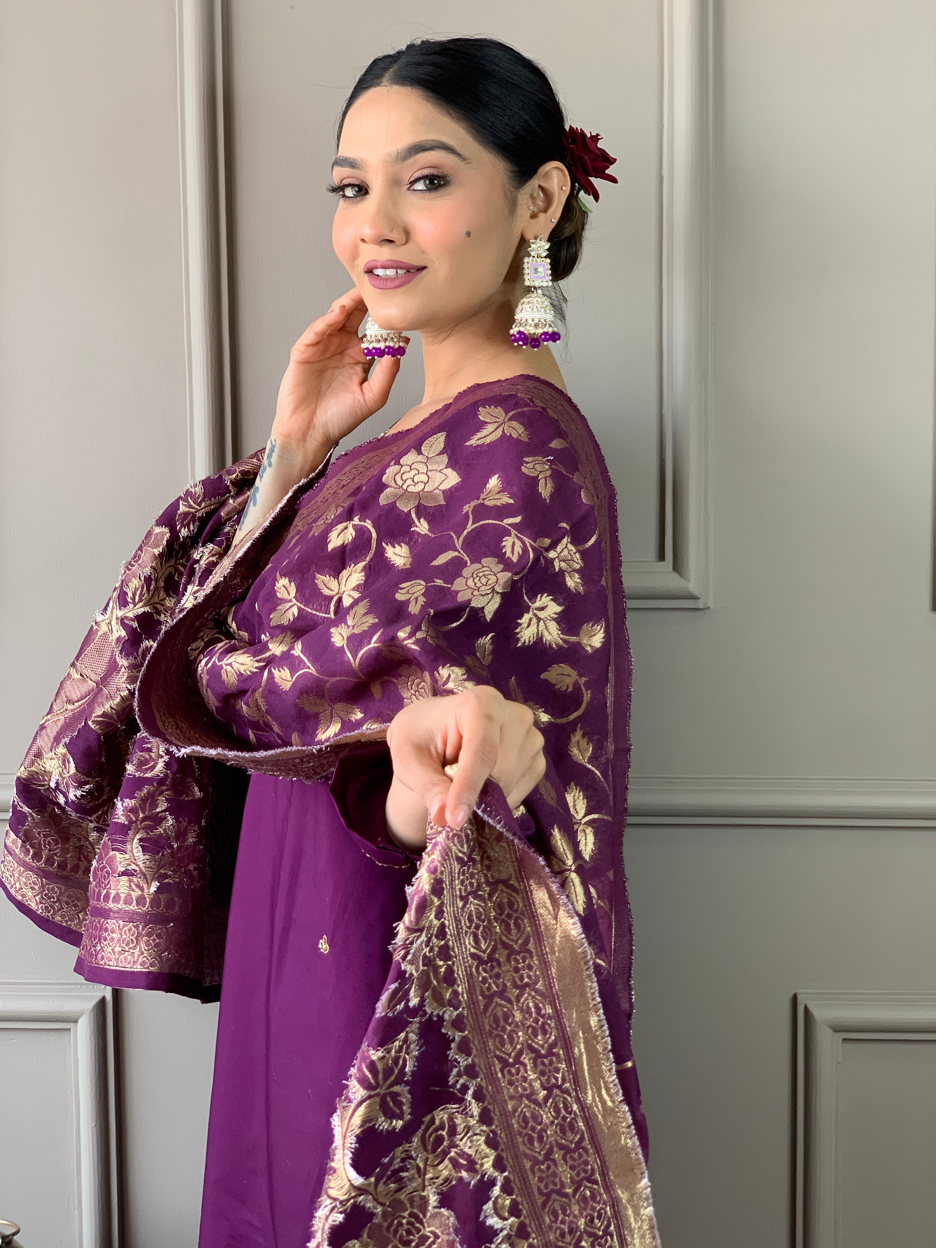 Women's Wine Viscose Chanderi Embroidered Kurta Set With Dupatta