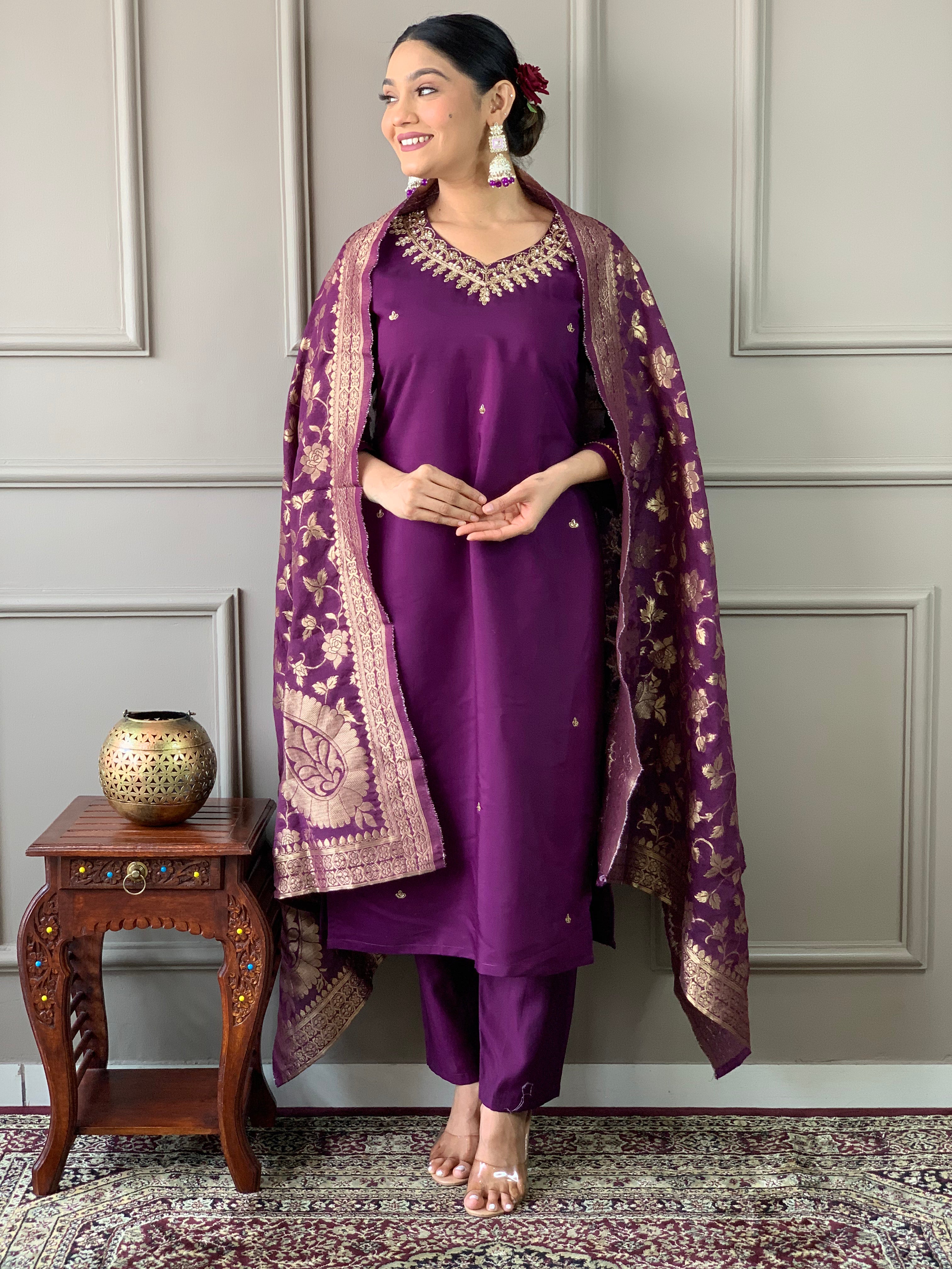 Women's Wine Viscose Chanderi Embroidered Kurta Set With Dupatta