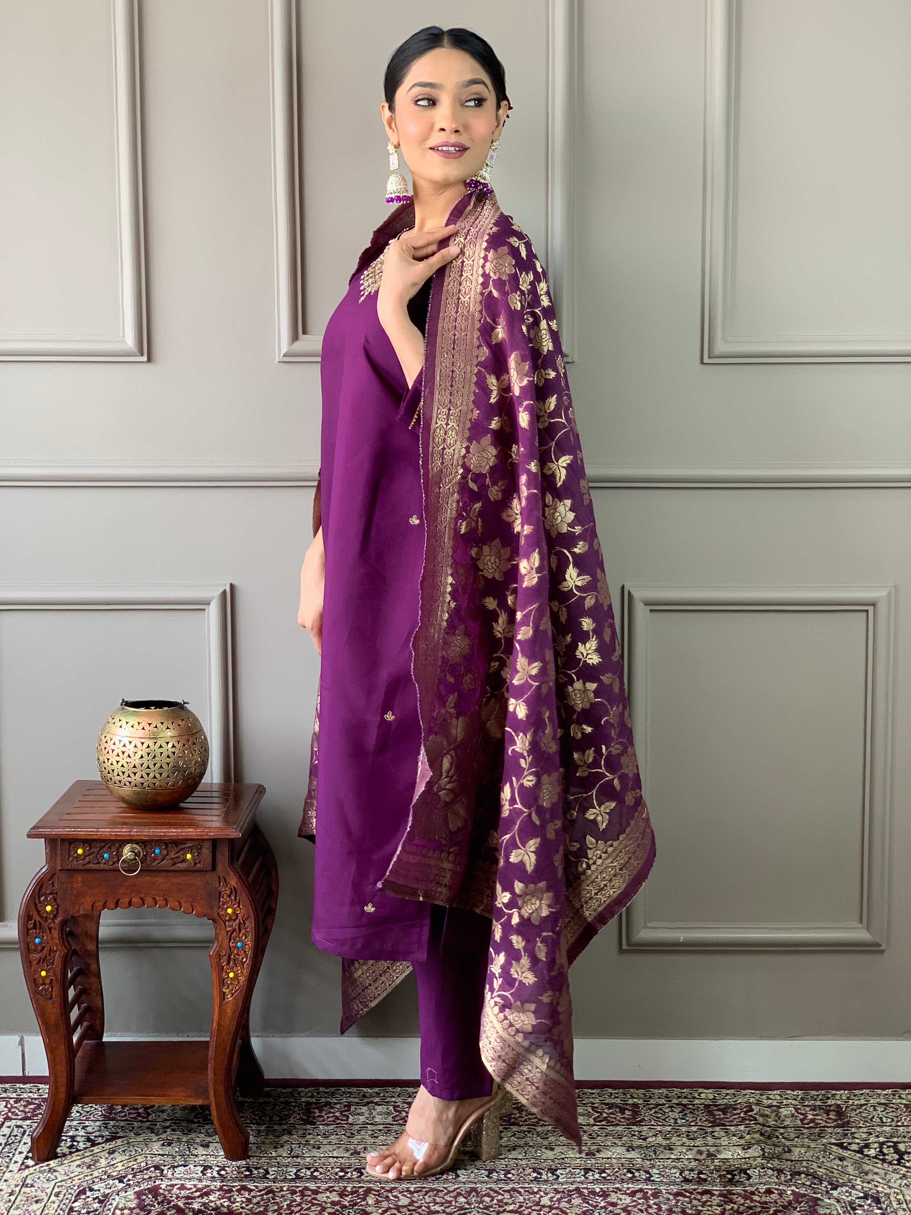 Women's Wine Viscose Chanderi Embroidered Kurta Set With Dupatta
