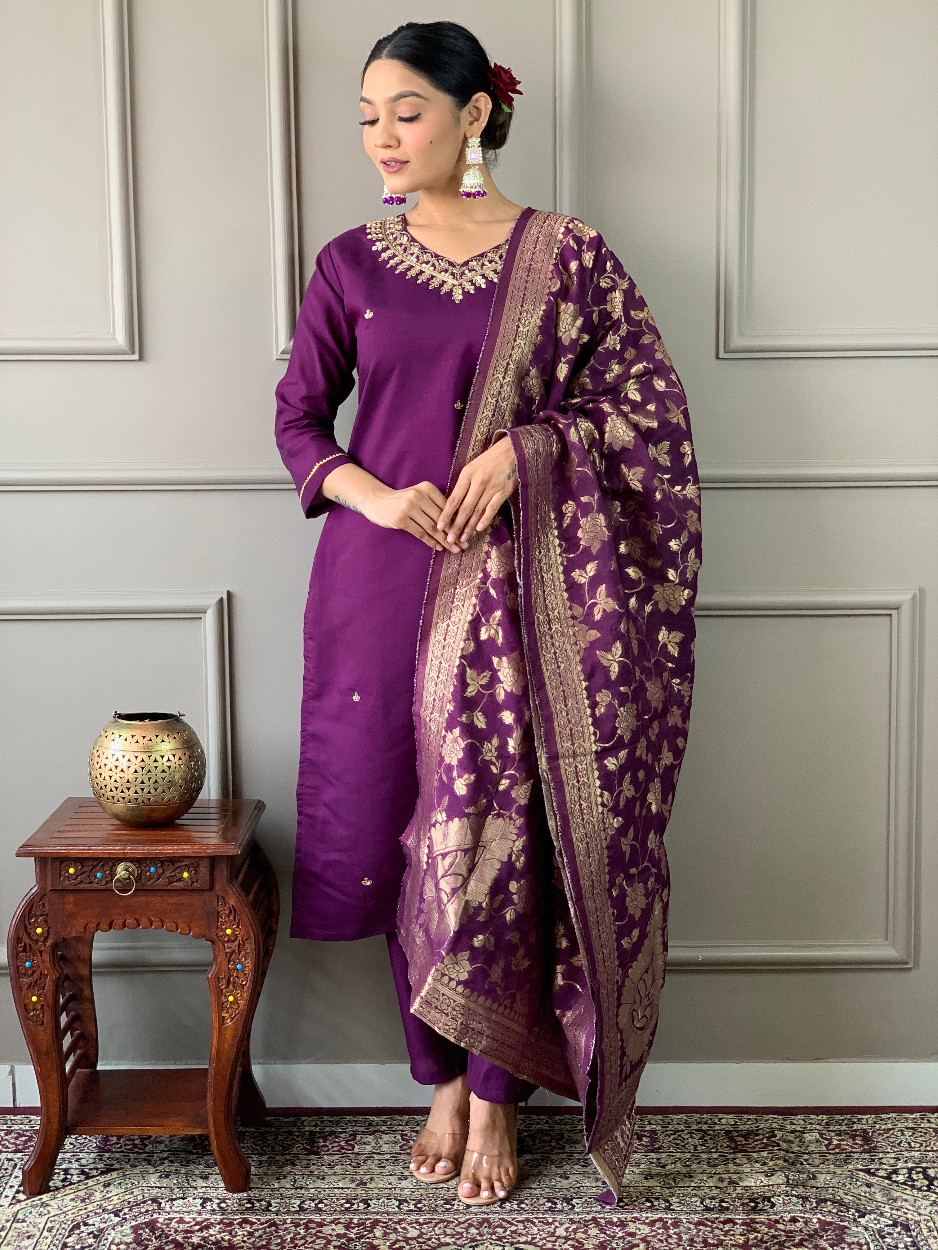 Women's Wine Viscose Chanderi Embroidered Kurta Set With Dupatta