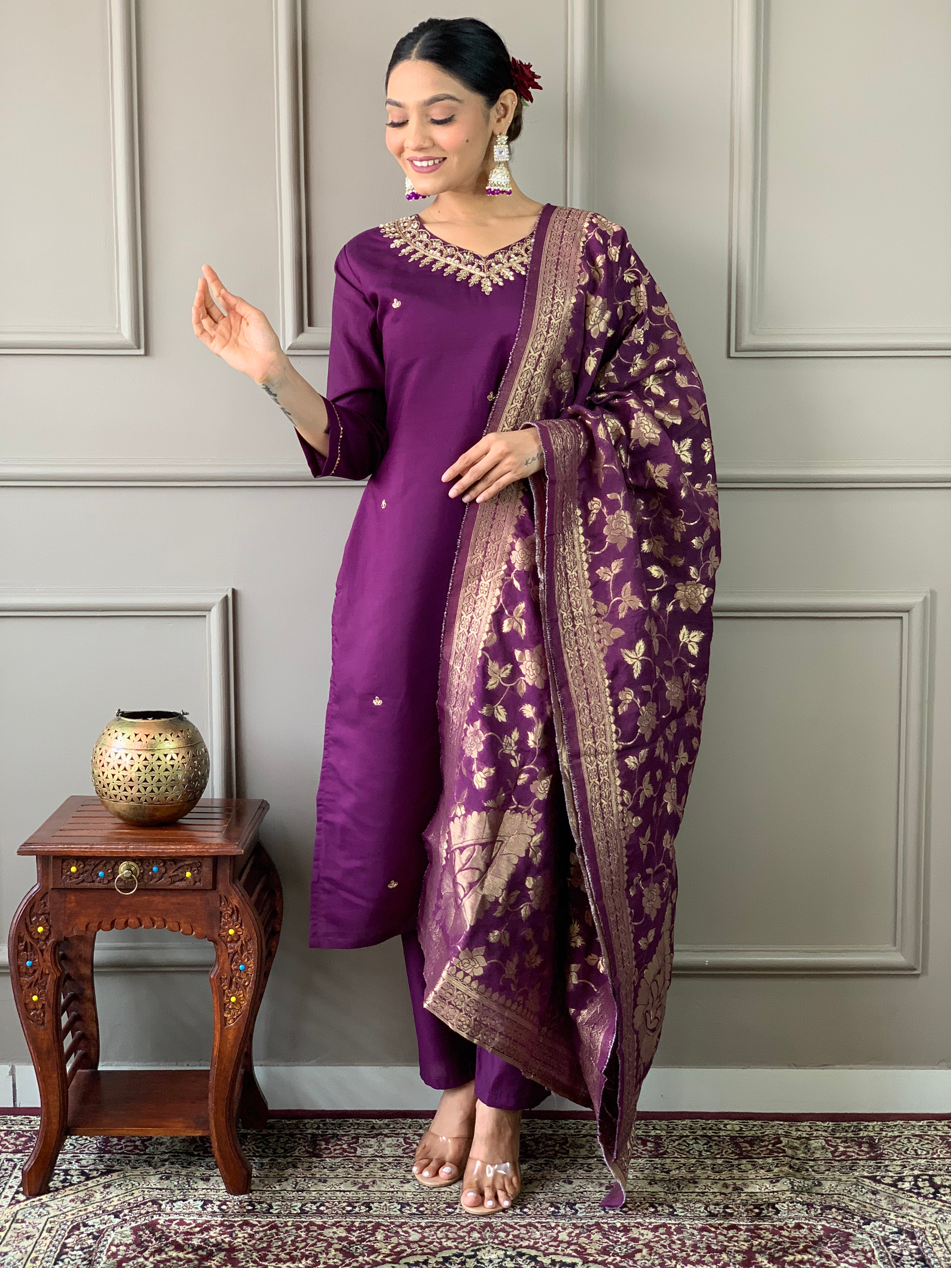 Women's Wine Viscose Chanderi Embroidered Kurta Set With Dupatta