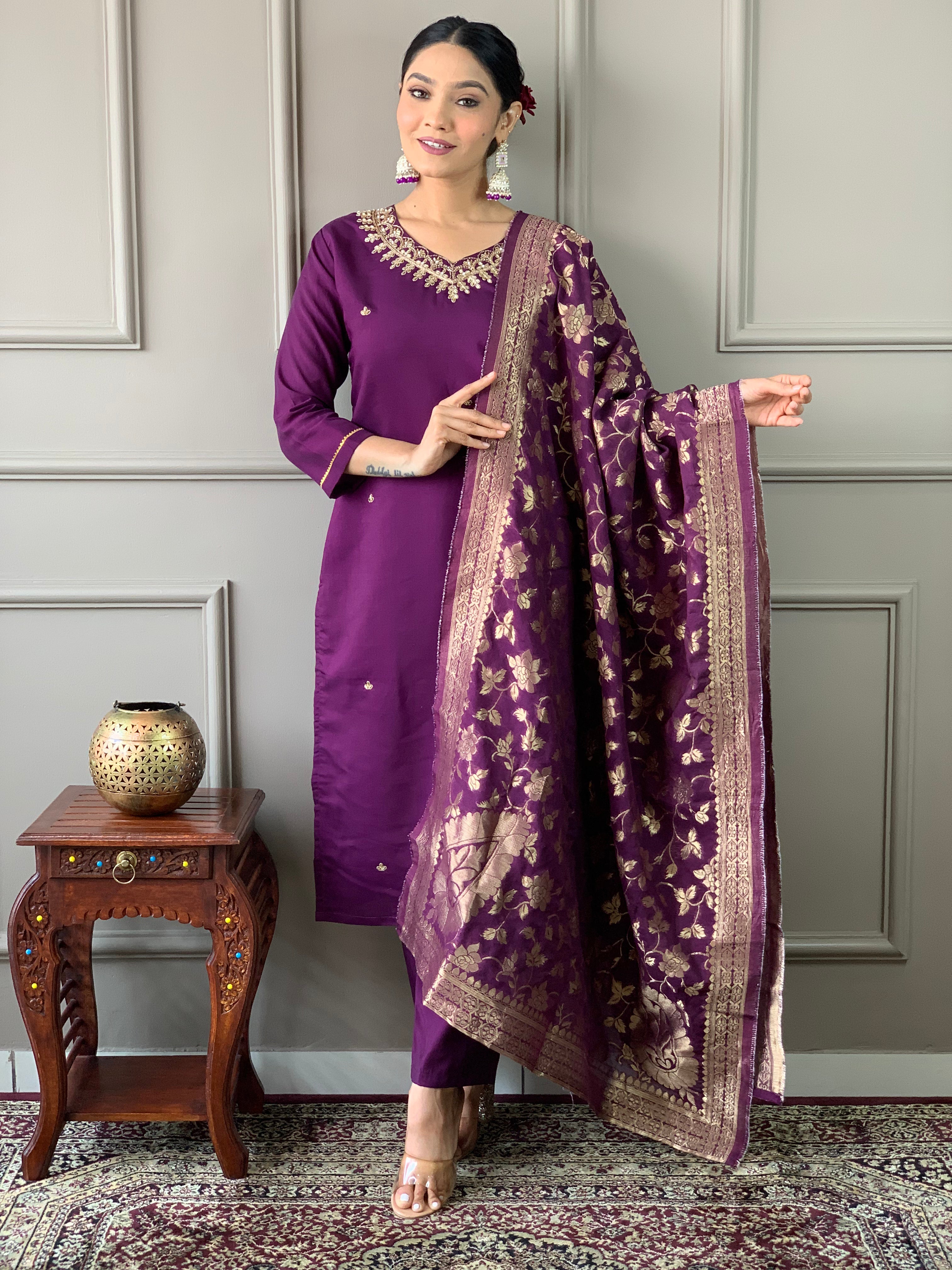 Women's Wine Viscose Chanderi Embroidered Kurta Set With Dupatta