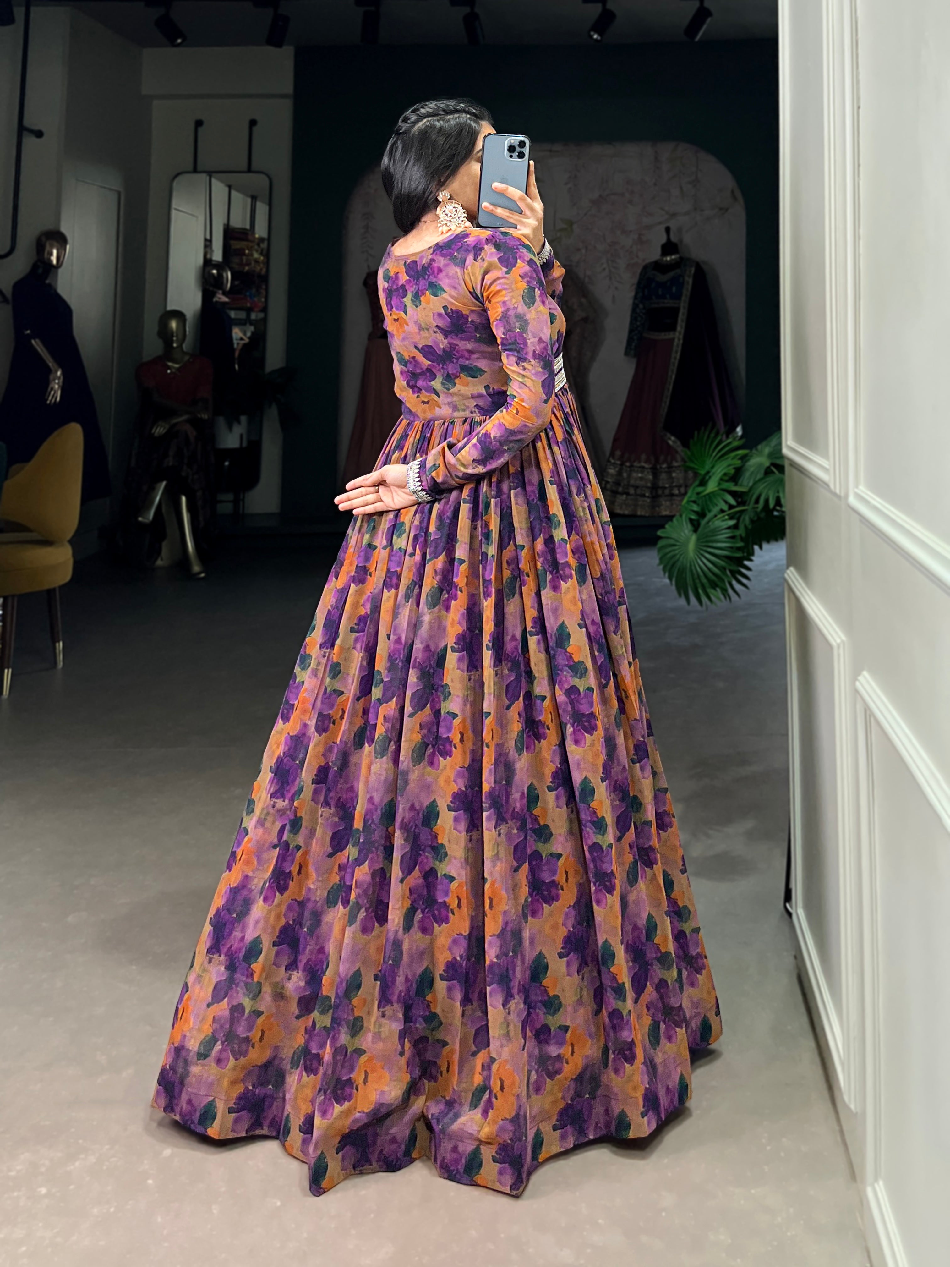 Elegant Purple Floral Georgette Gown with Lace Detailing