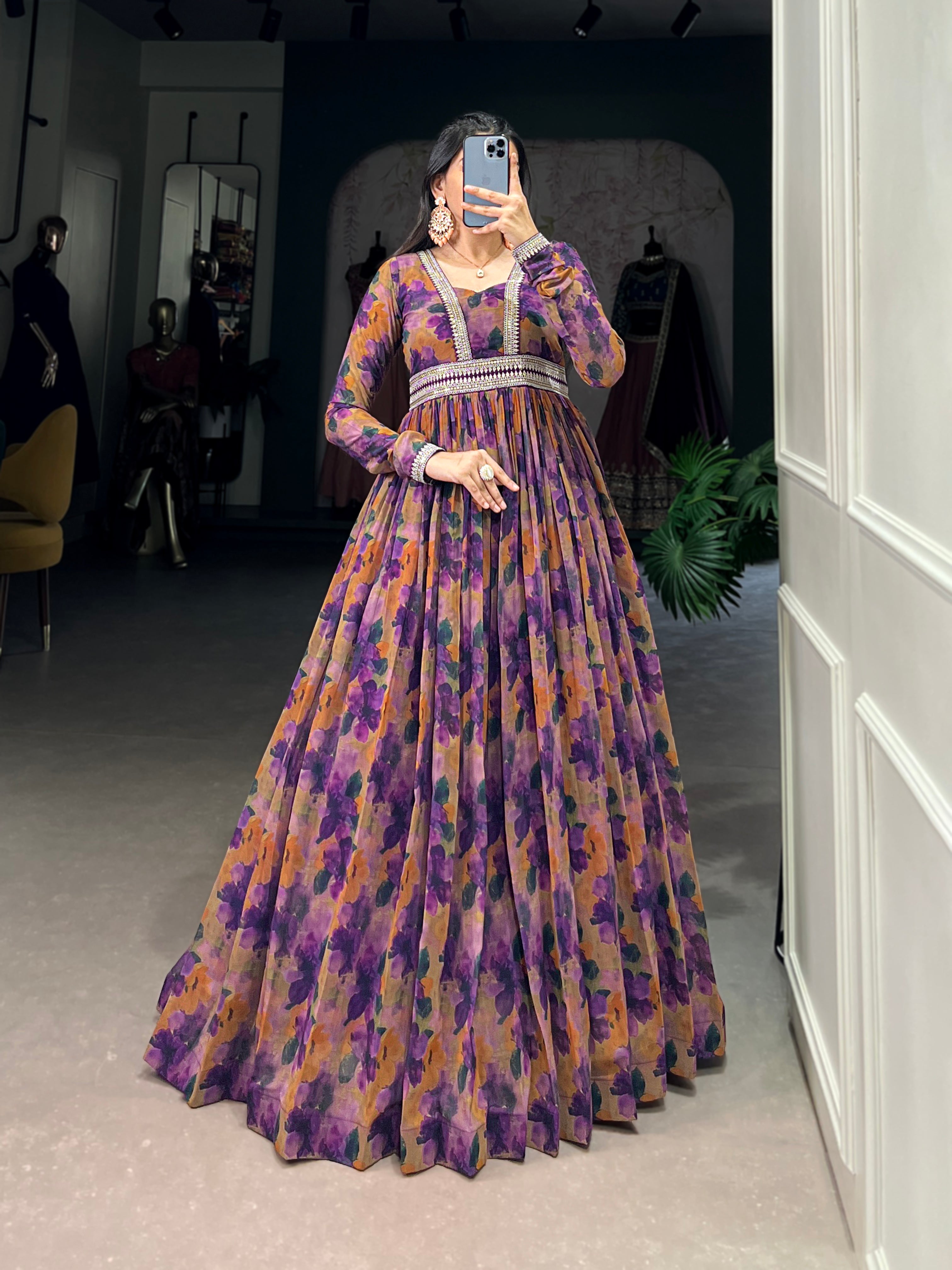 Elegant Purple Floral Georgette Gown with Lace Detailing