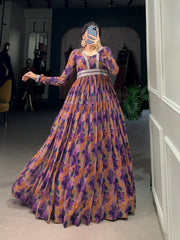 Elegant Purple Floral Georgette Gown with Lace Detailing