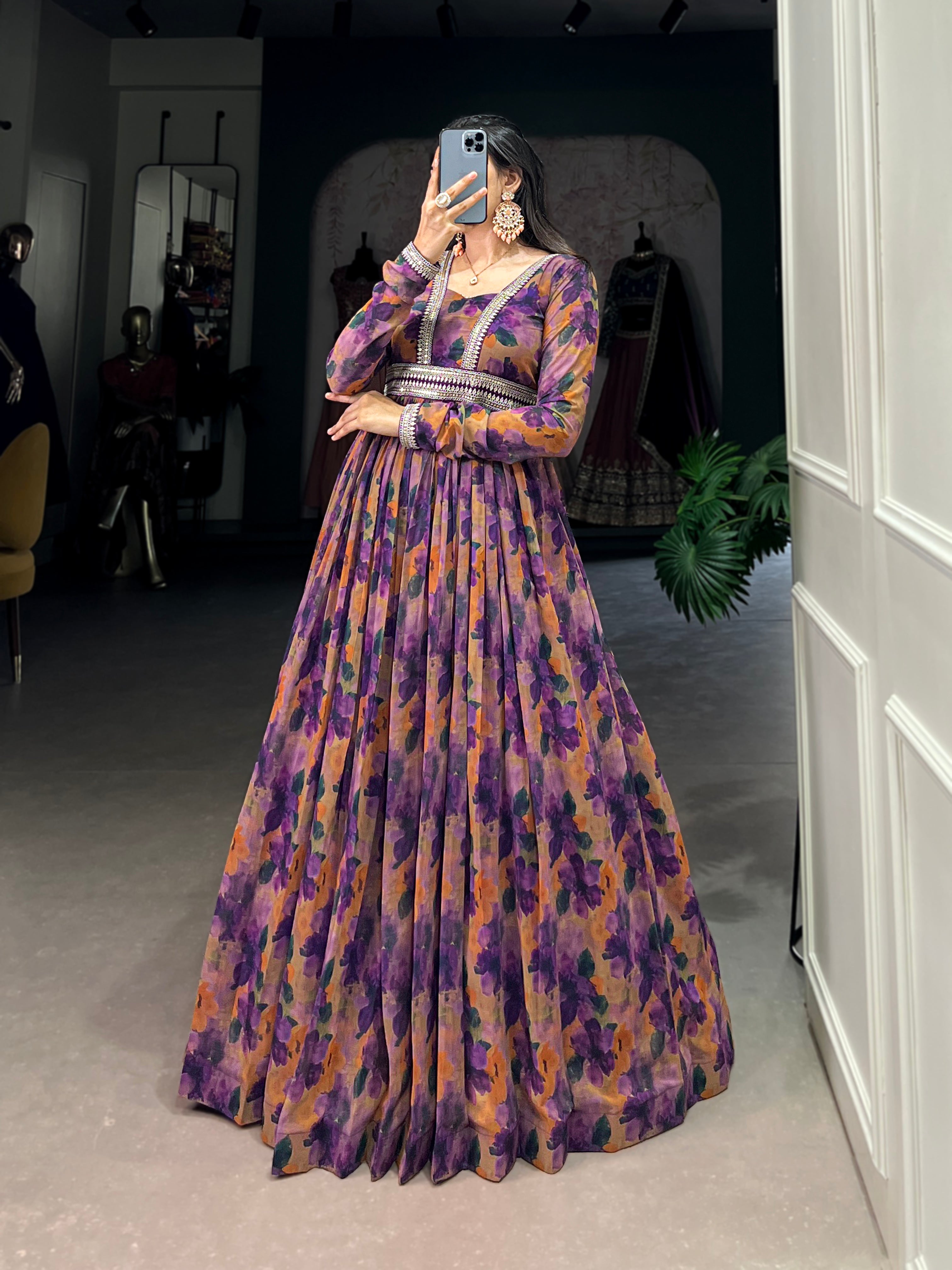 Elegant Purple Floral Georgette Gown with Lace Detailing