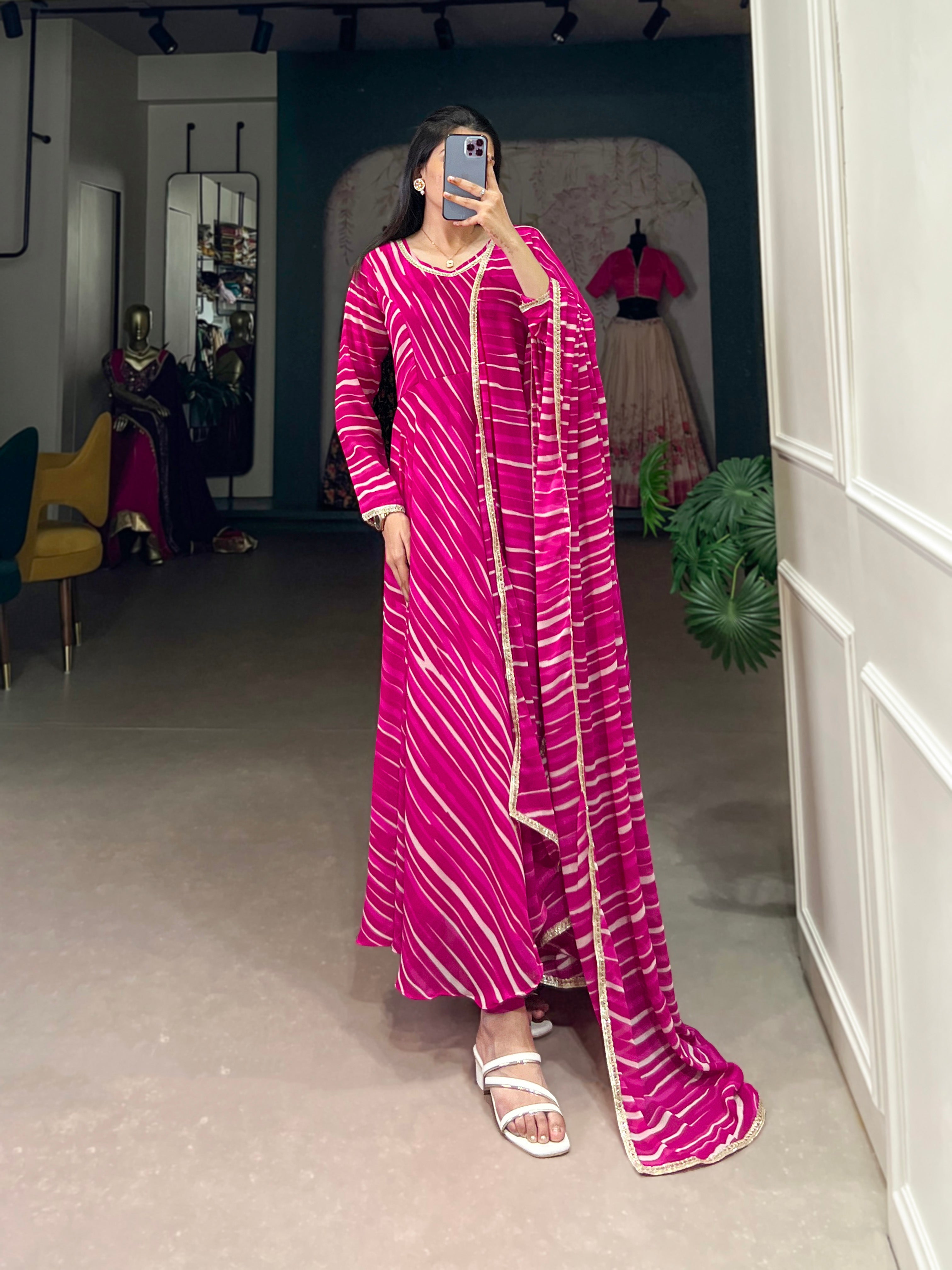 Leheriya Georgette Gown with Lace Touch Up and Dupatta