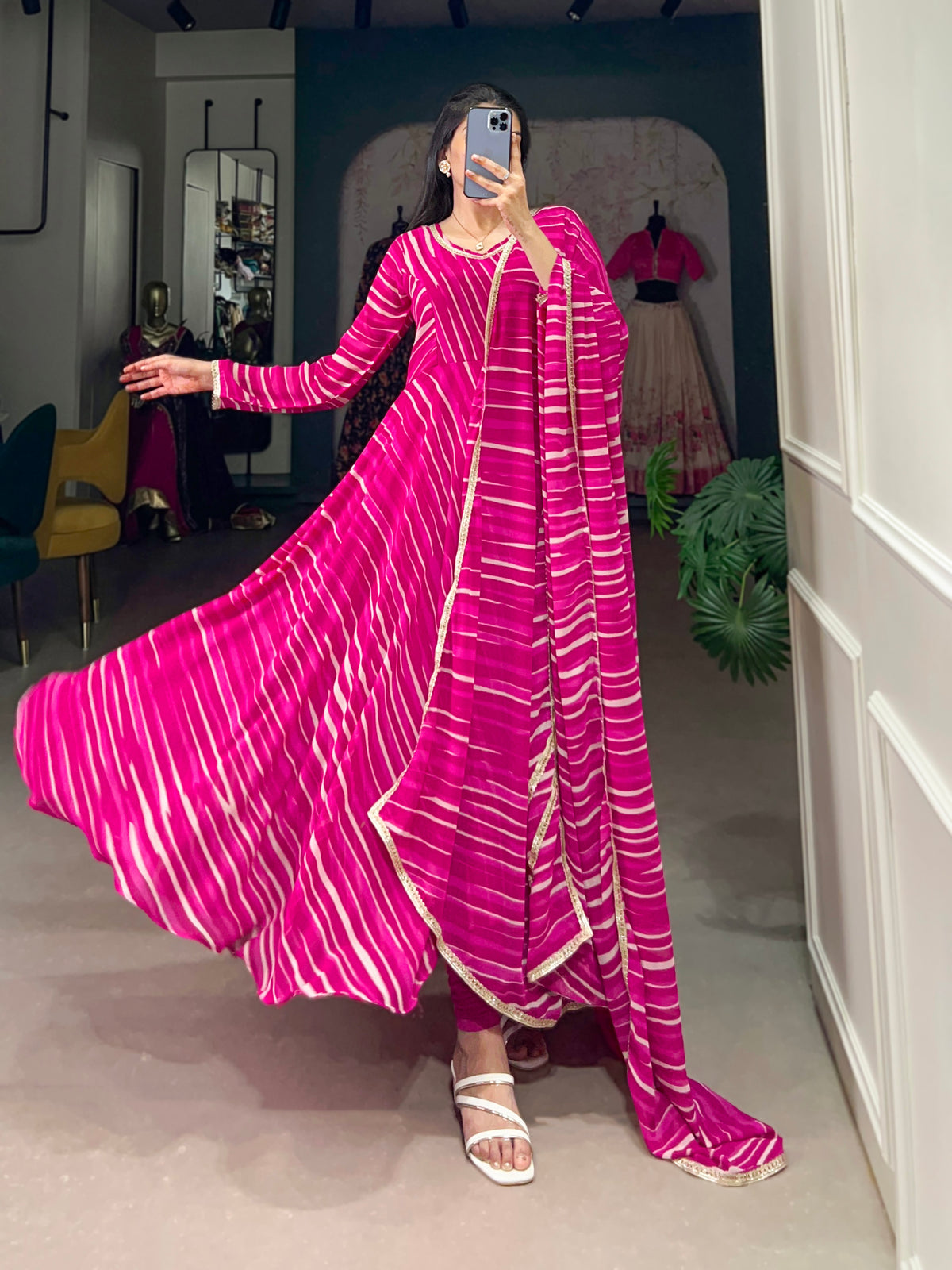 Leheriya Georgette Gown with Lace Touch Up and Dupatta